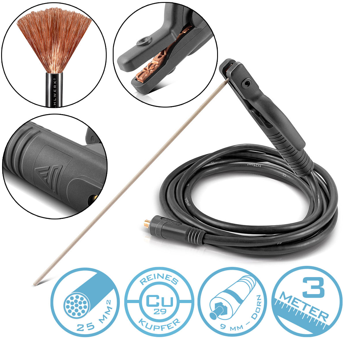 STEEL PLANT MMA | ARC electrode holder up to 200 A welding gun | Electrode forceps | Electrode clamp for welding machines including 3 m welding cable made of pure copper with 25 mm² and 9 mm plug