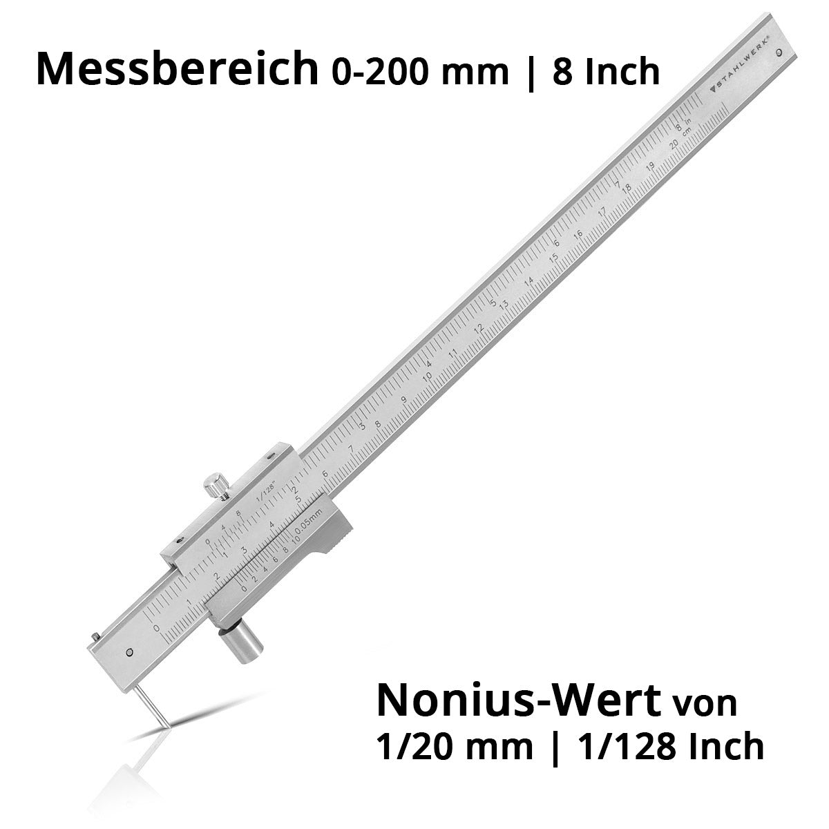STAHLWERK marking caliper | Measuring gauge | Caliper 0-200 mm | 8 inch with vernier and stop roller according to DIN 862 for precision measurements