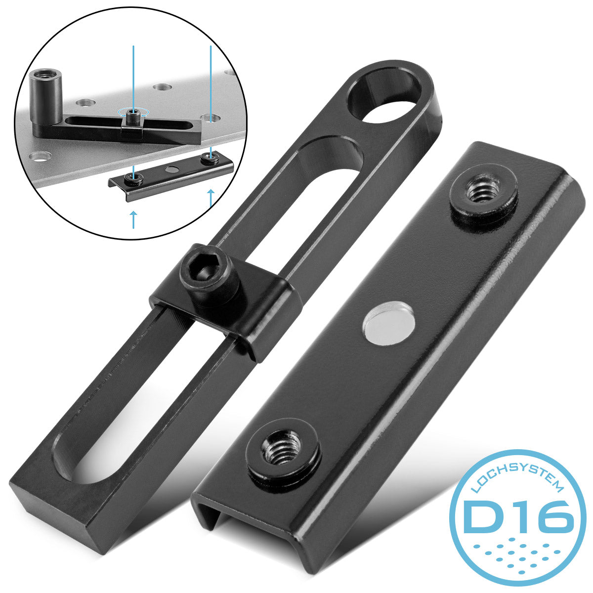 STAHLWERK D16 welding table accessories set with variable stop, screw clamp, stop bolt with lift-off protection and clamping bolt for the D16 system