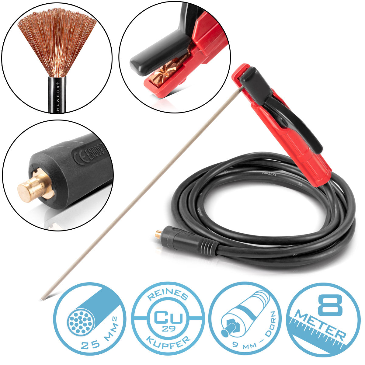 STEEL PLANT MMA | ARC electrode holder up to 200 A welding gun | Electrode forceps | Electrode clamp for welding machines including 8 m welding cable made of pure copper with 25 mm² and 9 mm plug