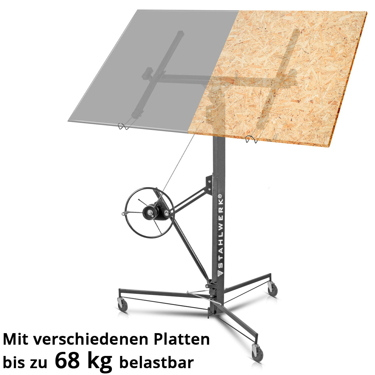 STAHLWERK Plattenheber PH-465 ST + Plattentragehilfe Set, hochwertiger Plattenlift | Montagelift mit 1,92-4,86 m Arbeitsbereich, bis 68 kg belastbar inklusive Plattengriffe