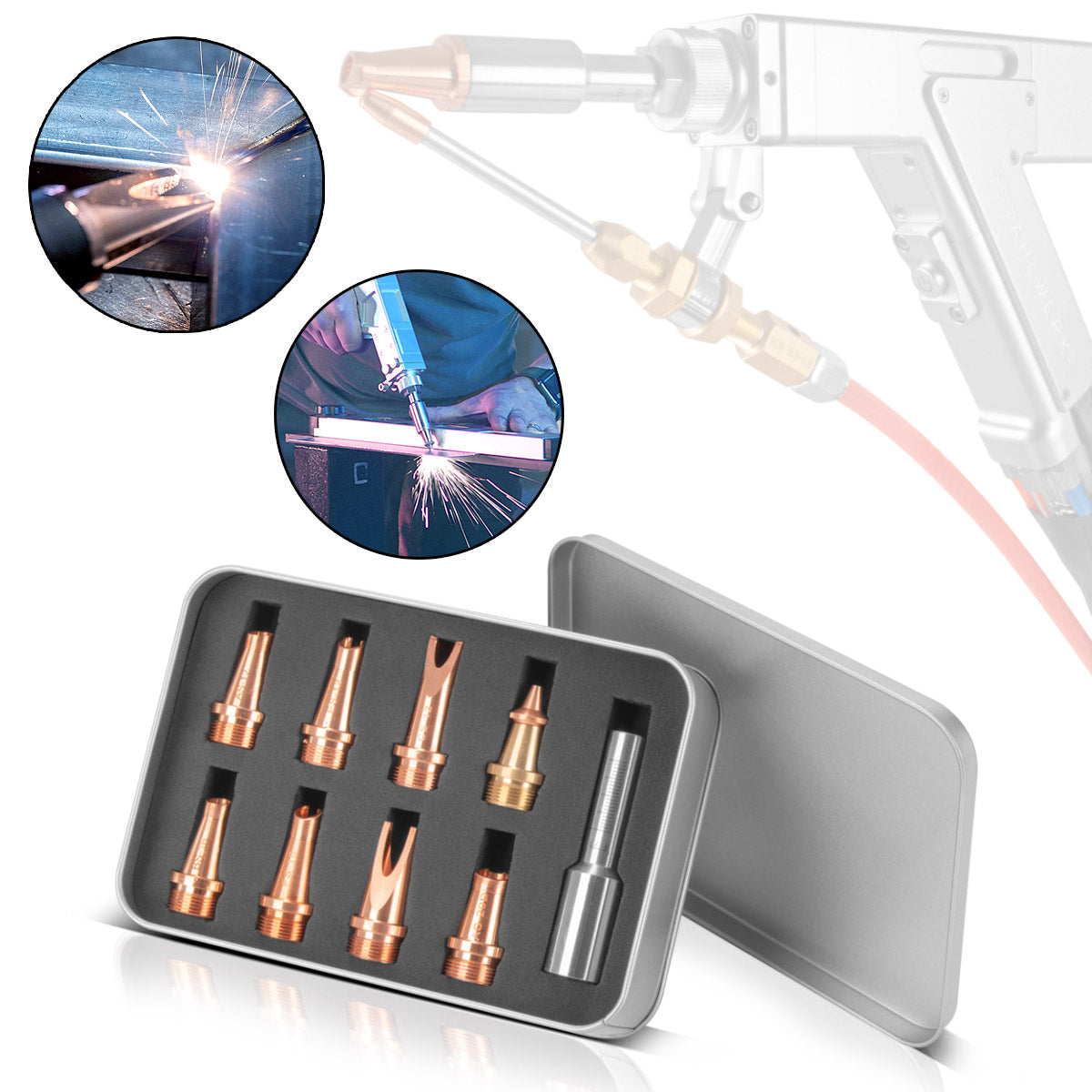 STAHLWERK Laser-Düsen 9er Set Profi-Zubehör für Laser-Schweißbrenner | Laser-Schweißgeräte mit 7 Schweißdüsen, 1 Schneiddüse und 1 Düsenträger inklusive Schutzbox