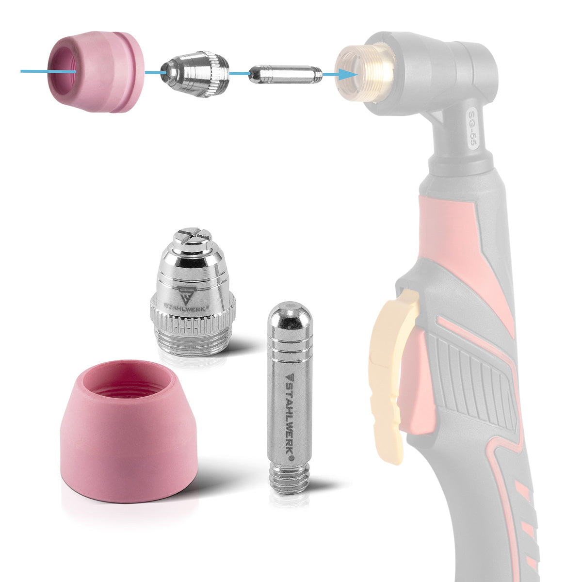 STAHLWERK AG-60 set de accesorios de plasma 50 piezas, piezas de desgaste boquillas de plasma + electrodos + tapas de cerámica para antorcha cortadora de plasma AG-60 / SG-55 CUT