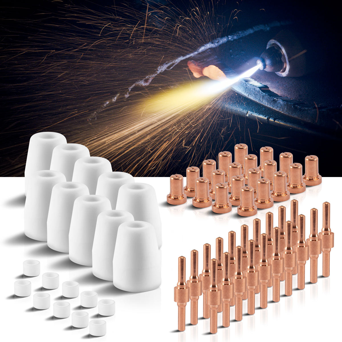STAHLWERK PT-31 accesorios de plasma set 60 piezas, piezas de desgaste boquillas de plasma + electrodos + tapas de cerámica para antorcha cortadora de plasma PT-31 CUT