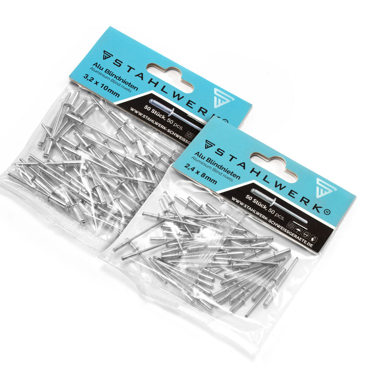 STAHLWERK jeu de 2 rivets aveugles en aluminium 2,4 x 8 mm + 3,2 x 10 mm - 50 pièces chacun