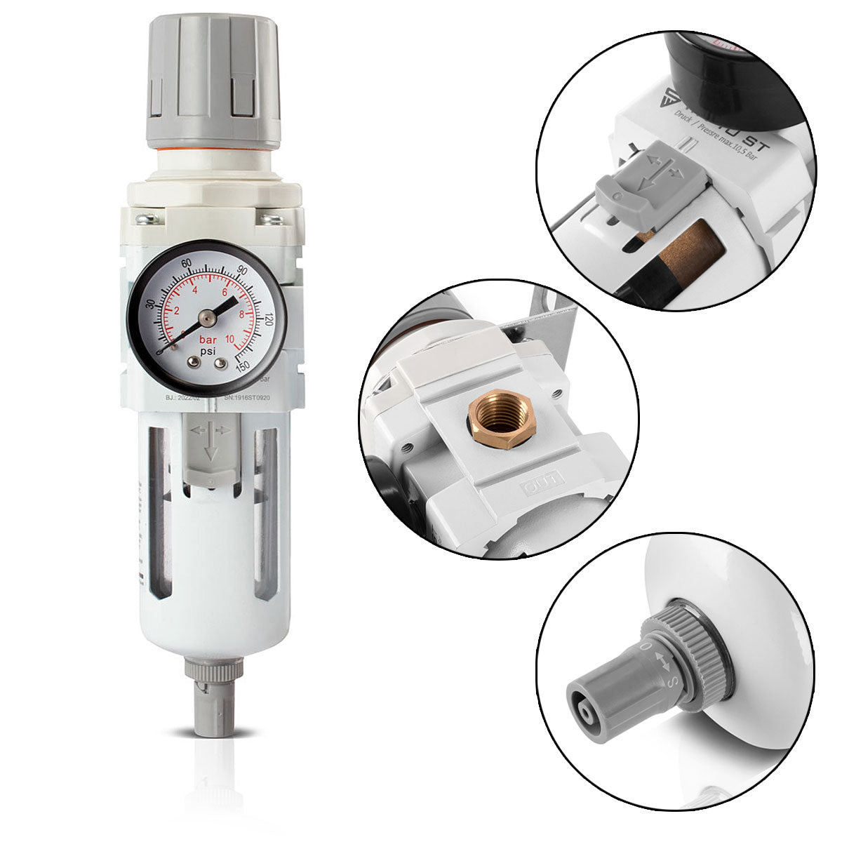 STAHLWERK Séparateur d'eau jusqu'à 10,5 bar pour compresseurs d'air comprimé outils à air comprimé unité de maintenance filtre régulateur de pression d'air comprimé raccord 1/4
