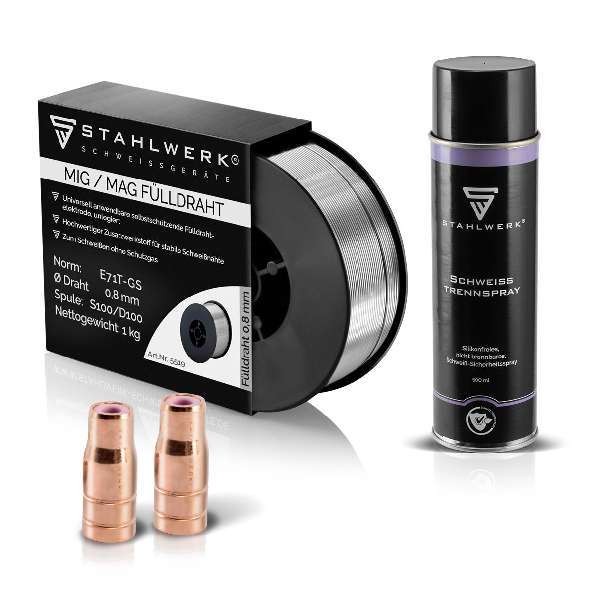 STAHLWERK wear parts set cored wire nozzle pack of 2 + cored wire 1 kg 0.8 mm + STAHLWERK welding release spray