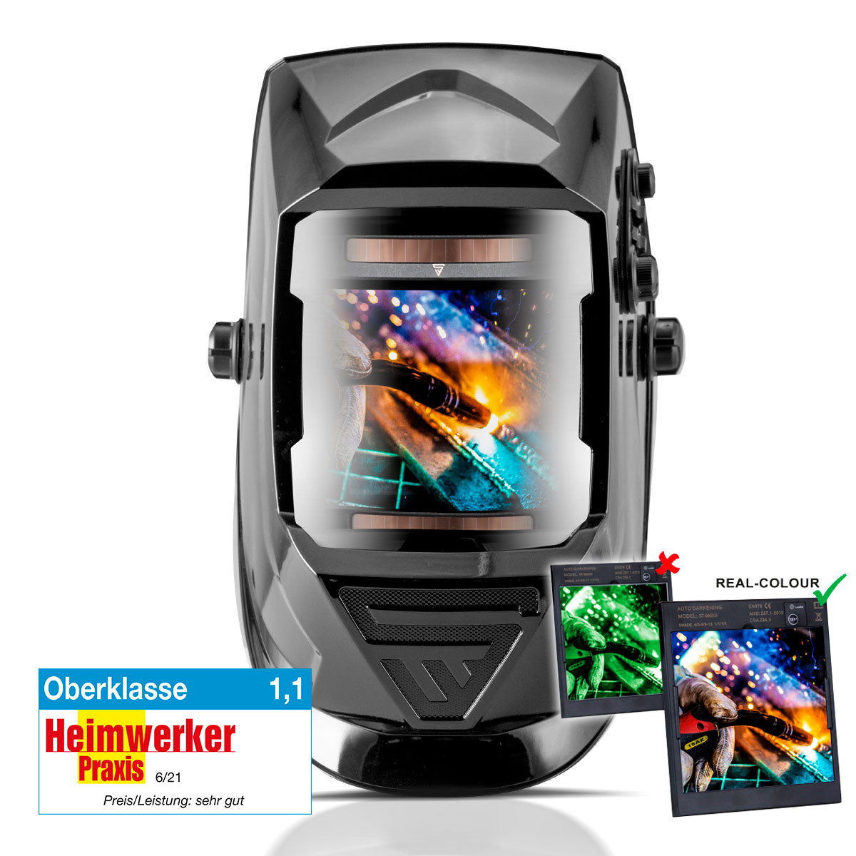 Casco per saldatura Real Color completamente automatico STAHLWERK con funzione 3 in 1 ST-990 XB, nero lucido
