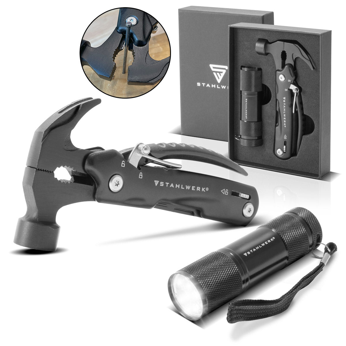 STAHLWERK Multitool mit 12 Werkzeugen, hochwertiges Taschenmesser / Klappmesser / Multifunktionswerkzeug mit Hammer, Messer, Säge, Feile, Kombizange, Schraubendreher etc. inklusive LED Taschenlampe
