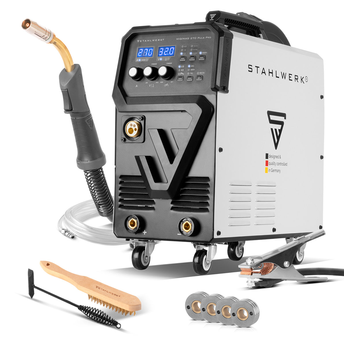 STAHLWERK welding machine MIG 270 Puls Pro | 4-in-1 inert gas welding machine with pulse function | Inverter with 270 A, spot function, synergic wire feed, 4-roller drive, FLUX, Lift TIG and MMA | ARC function | Pulse aluminum welding function