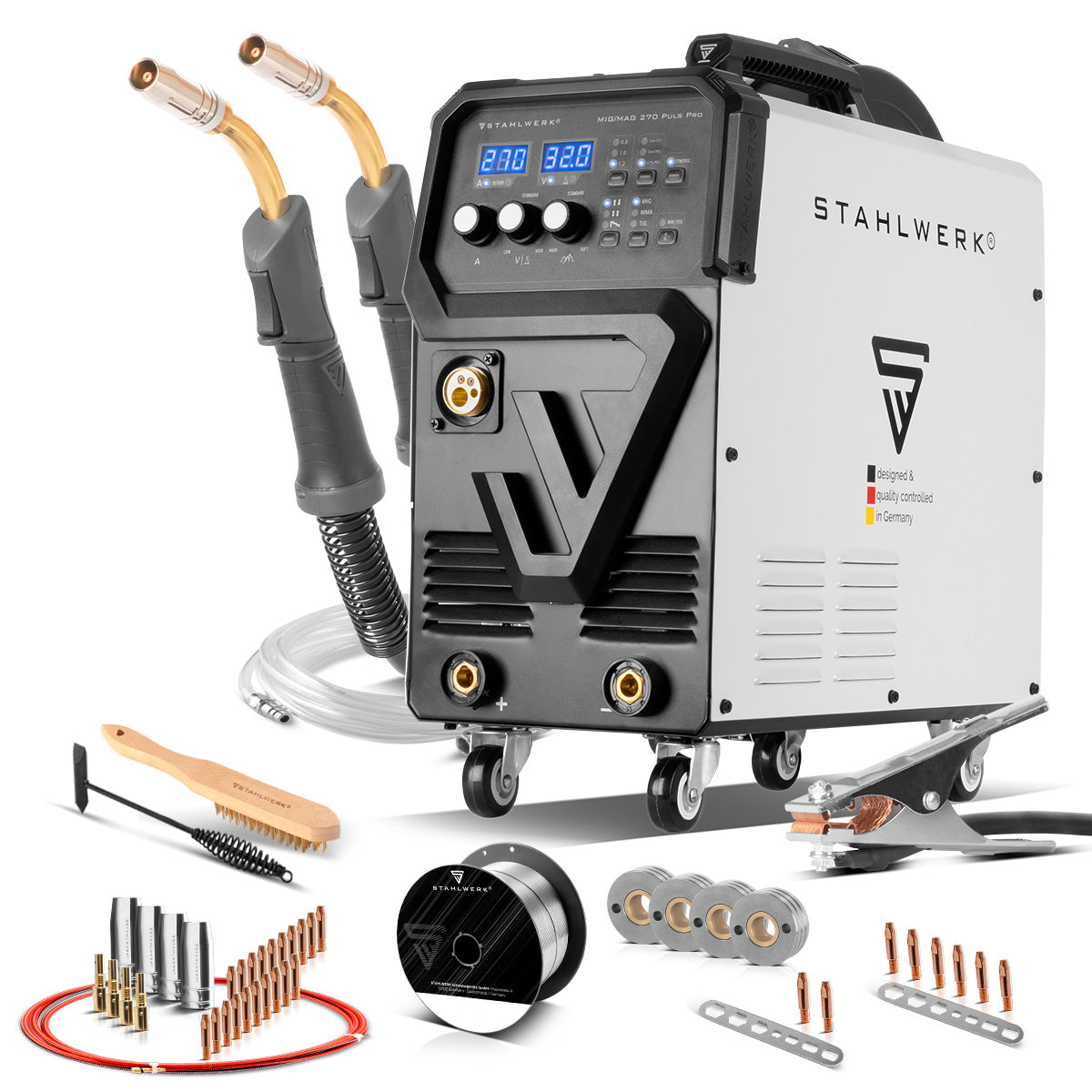STAHLWERK welding machine MIG 270 Puls Pro | 4-in-1 inert gas welding machine with pulse function, AK25/MB25 aluminum welding torch and wear parts set for aluminum welding | Inverter with 270 A, spot function, synergic wire feed, 4-roller drive