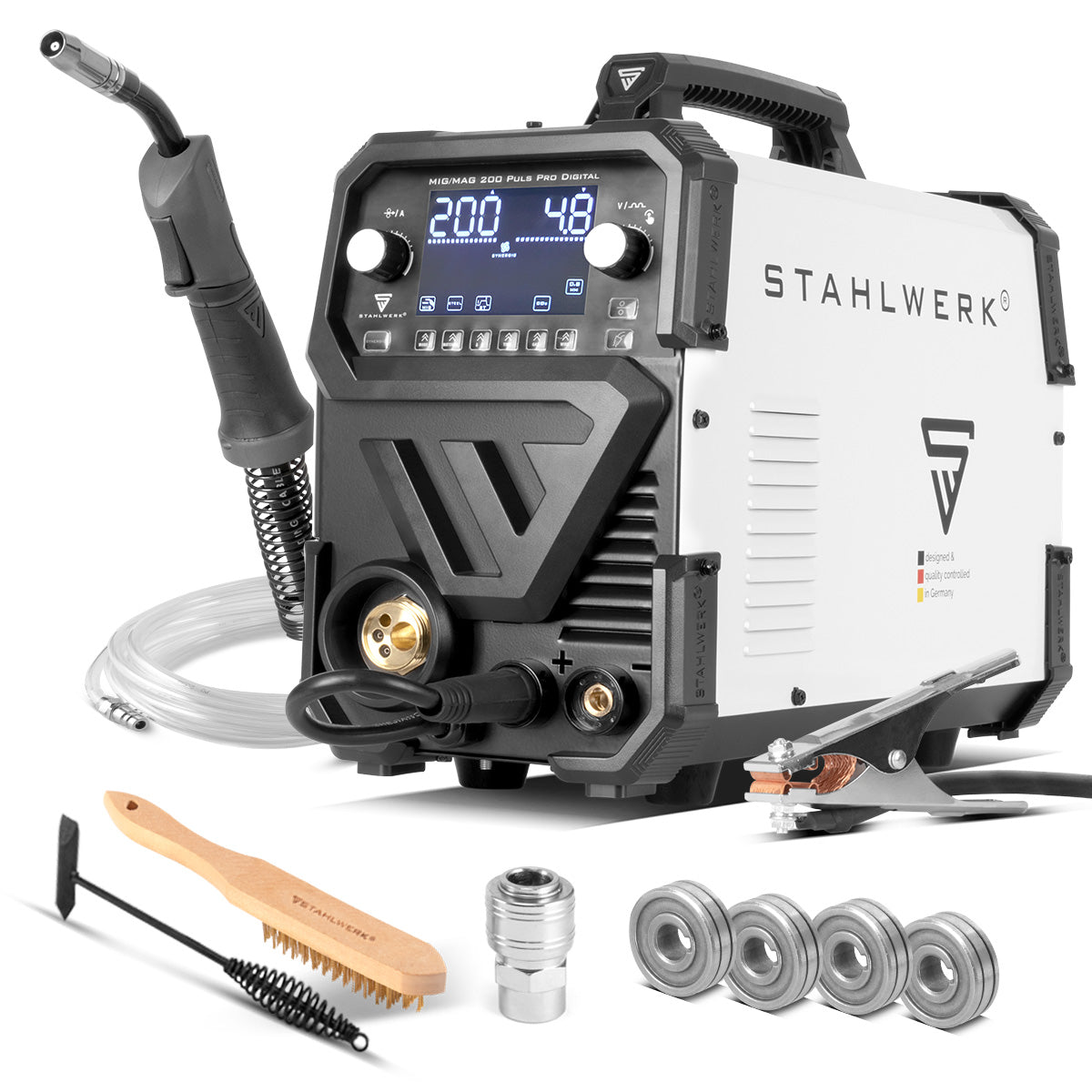 STAHLWERK MIG MAG 200 Spot Puls Pro Digital Inert Gas Welding Machine | IGBT inverter 200 A | Synergic wire feeder | 4 roller drive | FLUX, Lift-TIG, MMA/ARC, CuSi soldering function | MIG pulse for aluminum