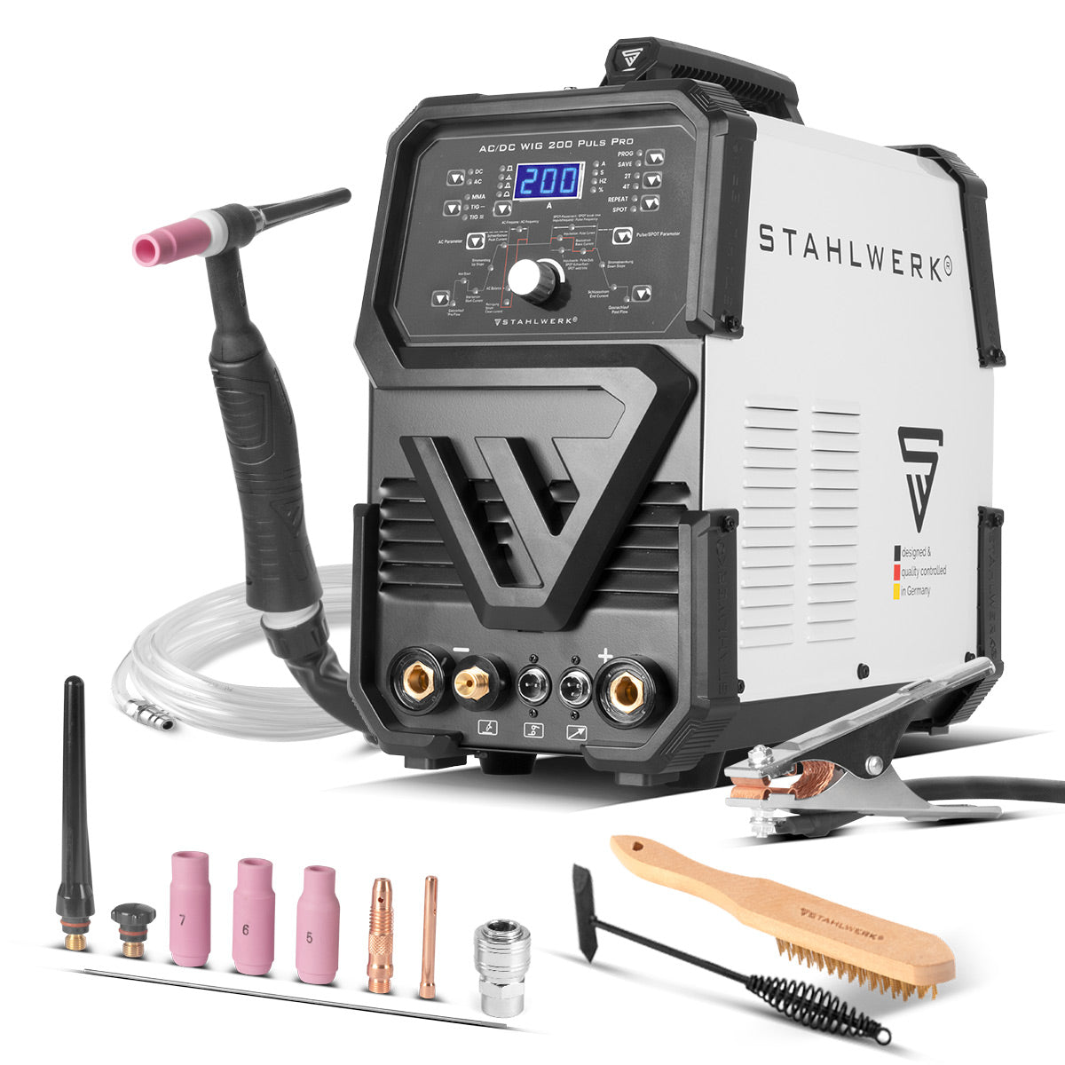 STAHLWERK AC/DC TIG 200 Puls Pro - saldatrice digitale | Inverter da 200 A, funzione ARC/MMA, memoria di lavoro e tecnologia IGBT, adatto per alluminio e lamiera sottile, 7 anni di garanzia del produttore
