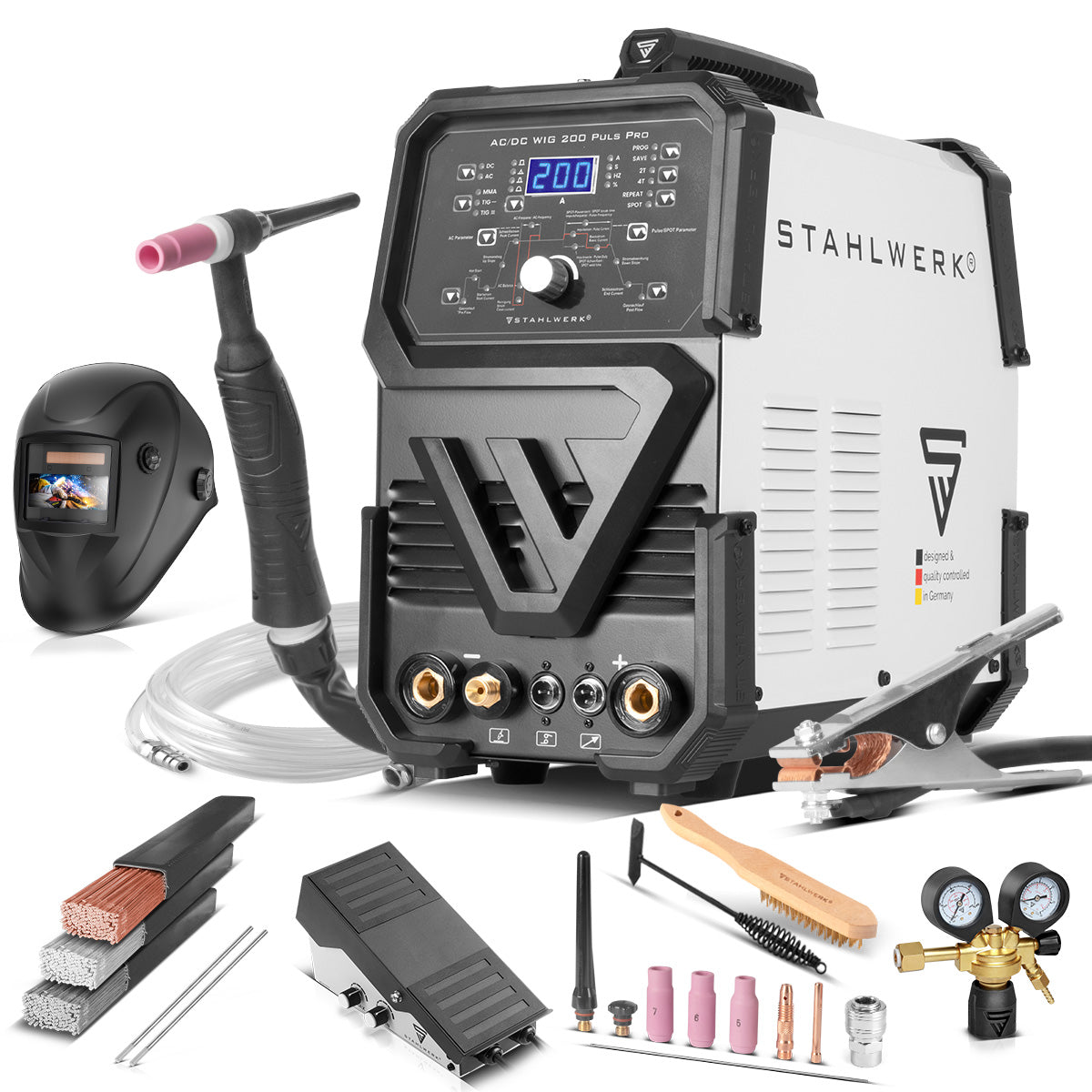 Equipo completo STAHLWERK AC/DC TIG 200 Puls Pro - soldadora digital | 200 amperios, función ARC/MMA, memoria de trabajo y tecnología IGBT, apto para aluminio y chapa fina