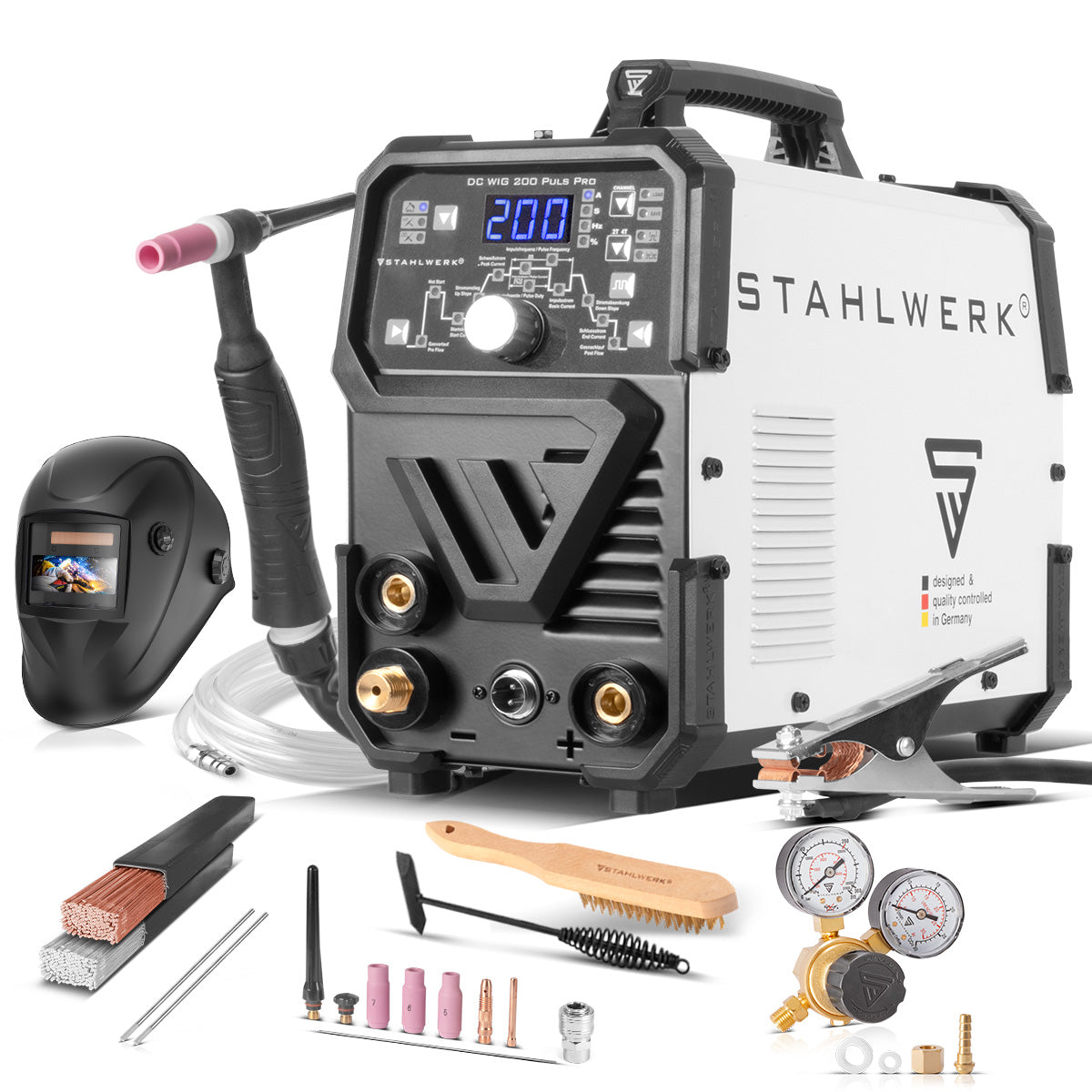 STAHLWERK DC TIG 200 Puls Pro entièrement équipé - Poste à souder TIG professionnel numérique avec fonction manuelle et impulsion électrique MMA, adapté aux tôles fines