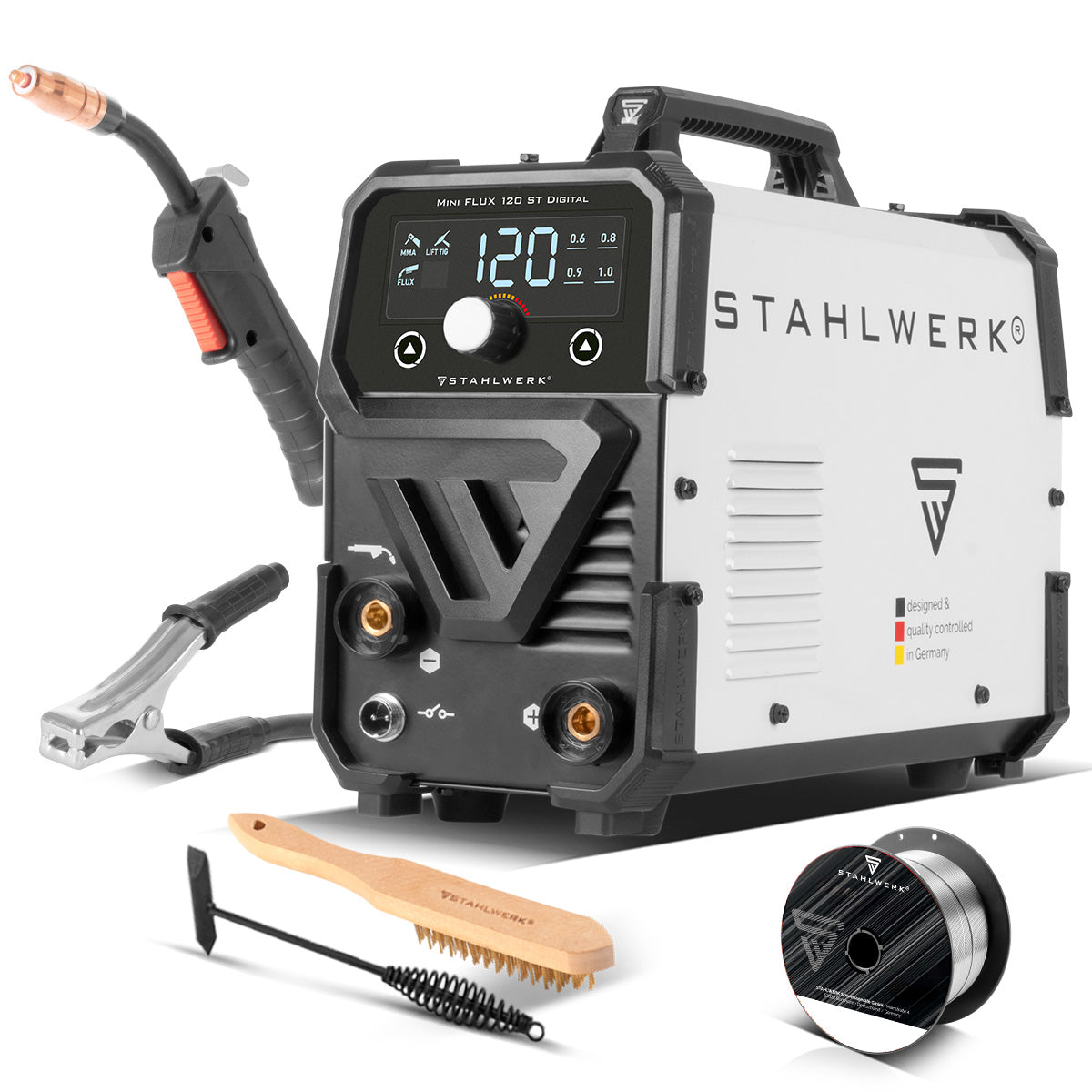 STAHLWERK welding machine Mini FLUX 120 ST Digital | 120 amps | Synergic wire feeder | Lift-TIG suitable | Cored wire welding | ARC/MMA function for easy welding without shielding gas with cored wire