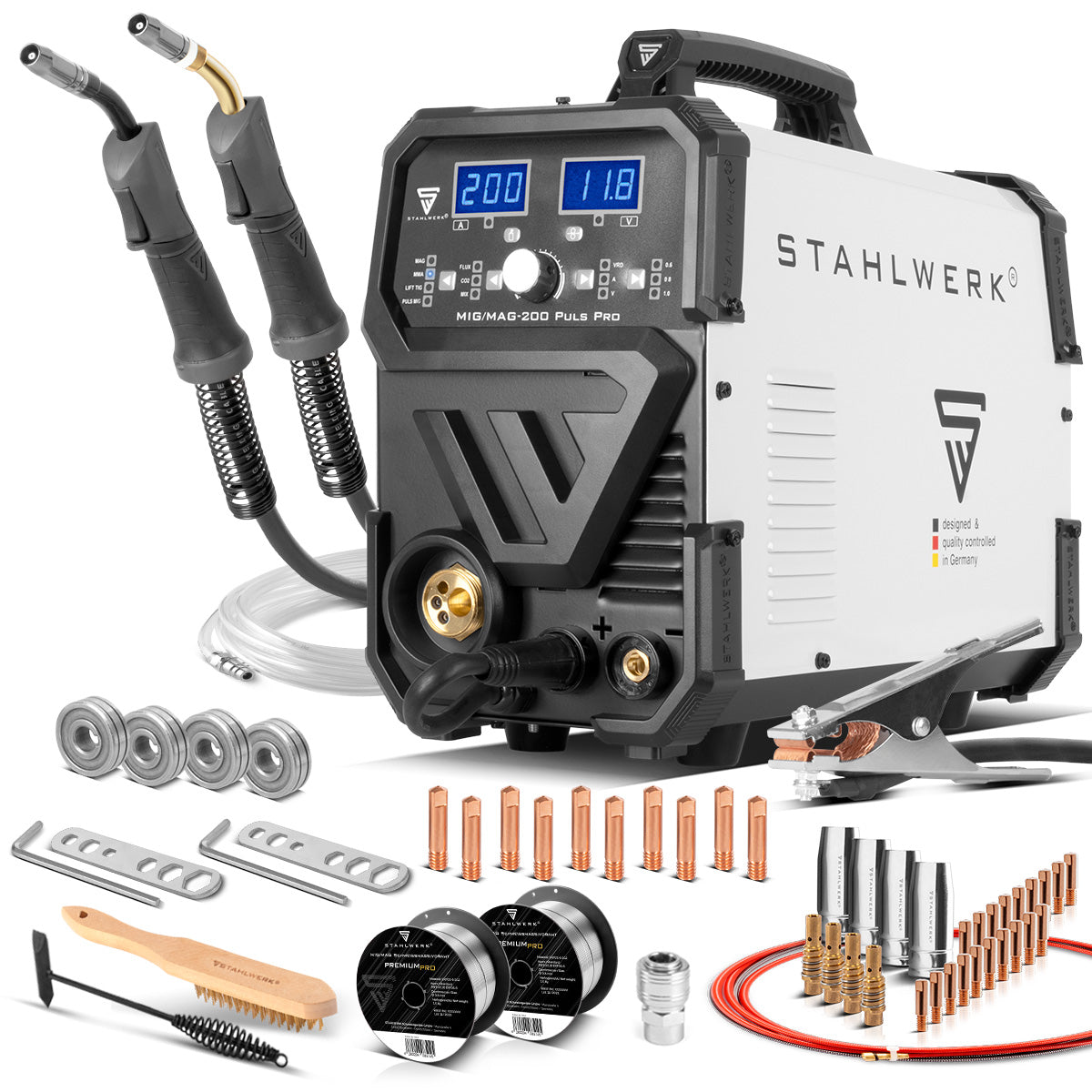 Poste à souder au gaz inerte STAHLWERK MIG MAG 200 Puls Pro Appareil combiné 5 en 1 entièrement synergique avec 200 ampères réels comprenant une torche de soudage pour aluminium AK25/MB25, un jeu de pièces d'usure pour le soudage de l'aluminium