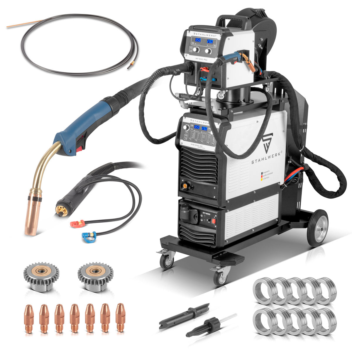 Poste de soudage industriel STAHLWERK MIG MAG 350 DP Onduleur IGBT entièrement synergique, refroidi par eau avec 350 A et fonction spot, système de soudage MIG MAG avec impulsion | Double impulsion | Impulsion à grande vitesse