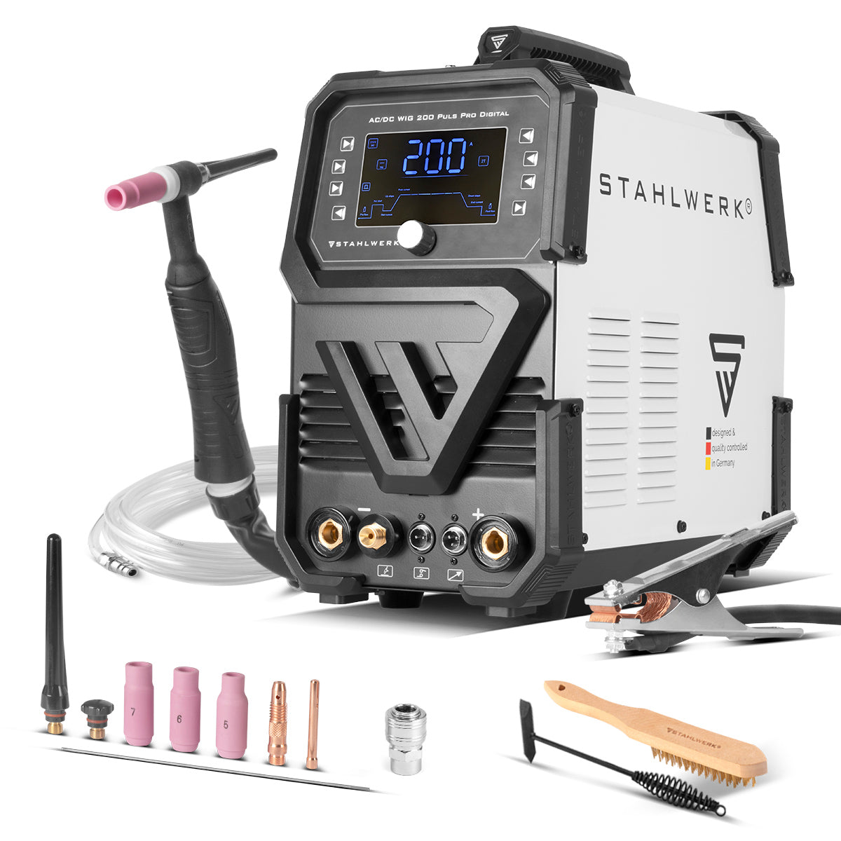 Soldadora STAHLWERK con gas protector AC/DC TIG 200 Puls Pro Digital | Inversor IGBT de 200 amperios, función ARC/MMA, memoria de trabajo, función de pulso y punto, apto para aluminio y chapa fina