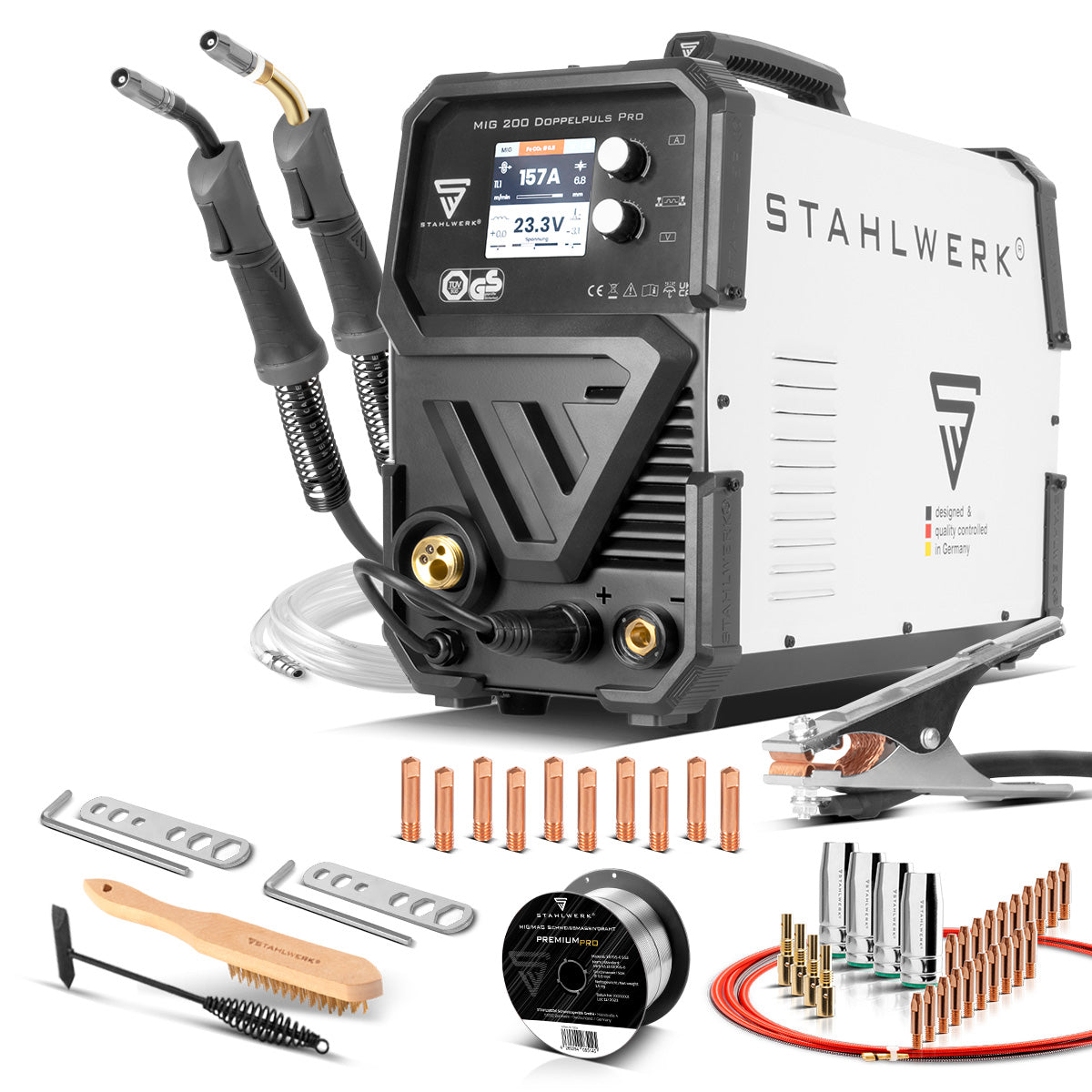 Poste à souder entièrement synergique STAHLWERK MIG MAG 200 double pulse Pro avec torche de soudage en aluminium AK25/MB25 et jeu de pièces d'usure pour le soudage de l'aluminium