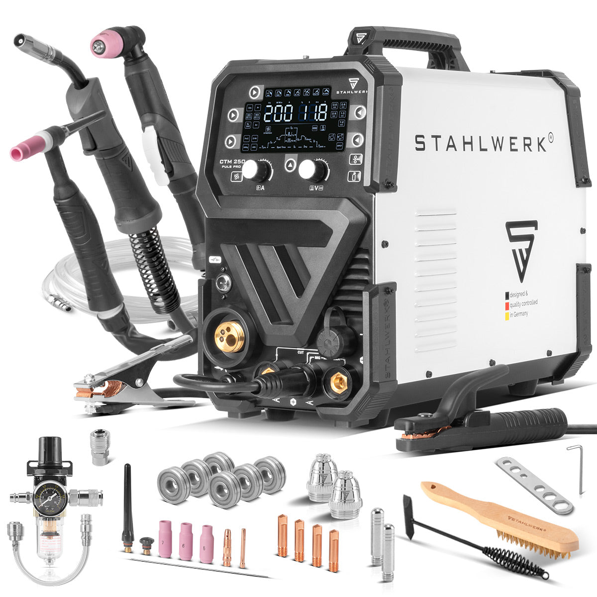 STAHLWERK Kombi-Schweißgerät CTM-250 Puls Pro 6-in-1 Schutzgas-Schweißgerät 200 A | Puls-Funktion | Synergischer Drahtvorschub | Integrierter 45 A Plasmaschneider CUT| WIG | MIG MAG | PULS | MMA| FLUX