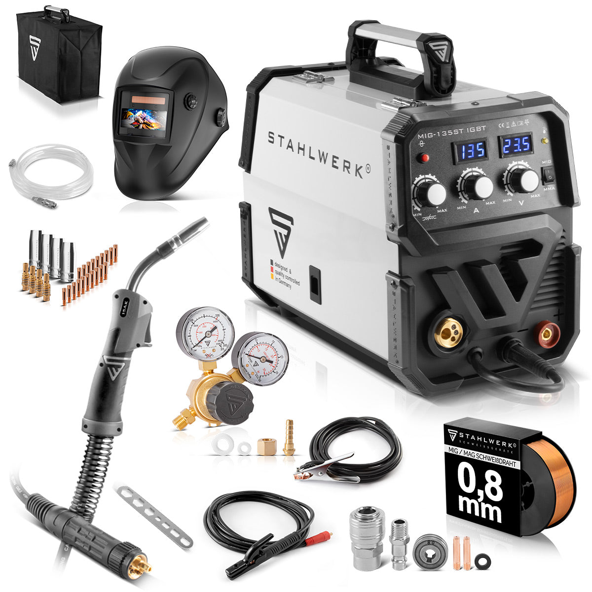 Saldatrice STAHLWERK MIG MAG 135 ST IGBT completamente attrezzata / saldatrice a gas inerte con alimentazione filo sinergica e 135 A reali / saldatrice combinata