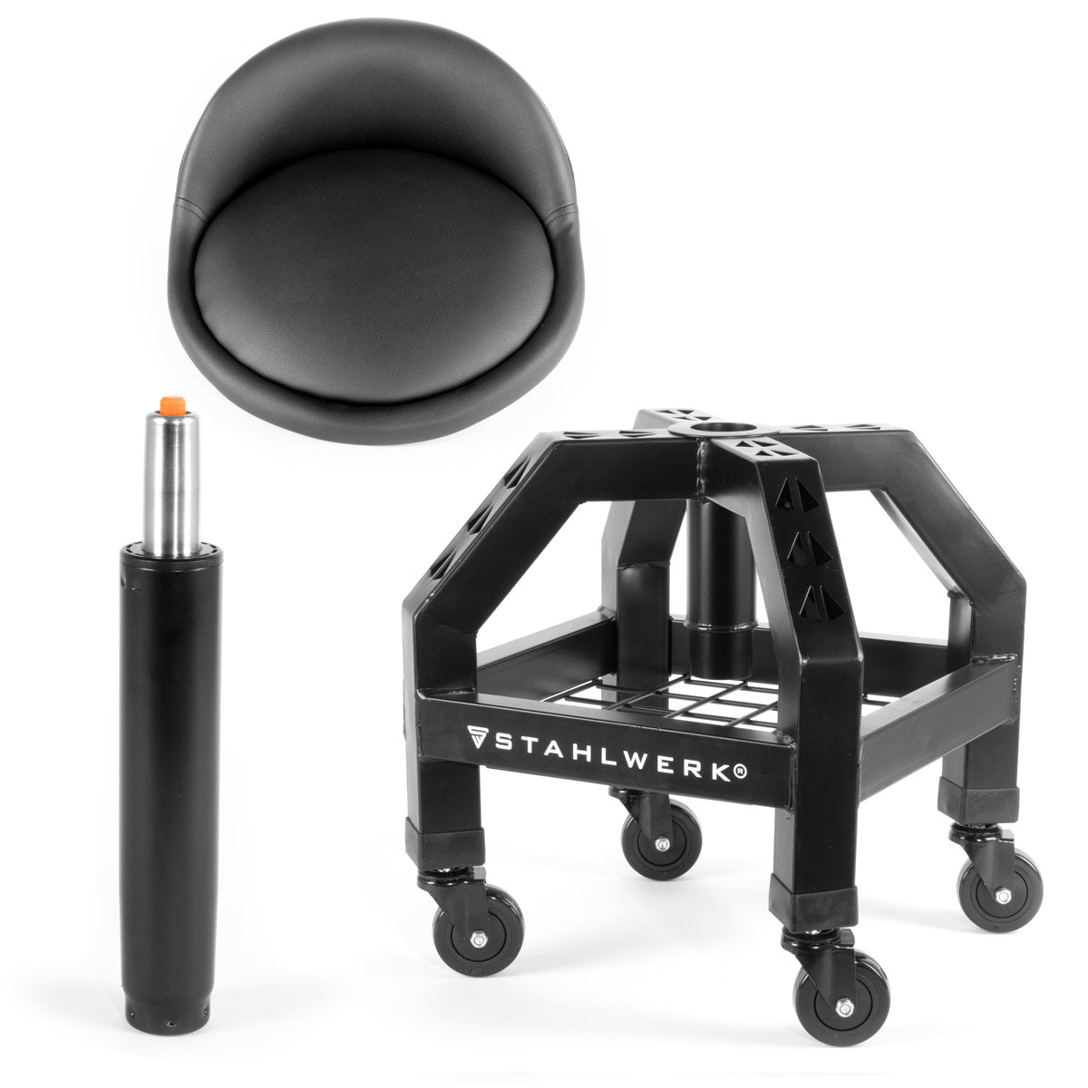 STAHLWERK Height-adjustable workshop stool VWH-300 ST with large storage compartment, can hold up to 136 kg, 59-76 cm seat height, rolling seat / rolling stool with ball-bearing smooth-running swivel castors
