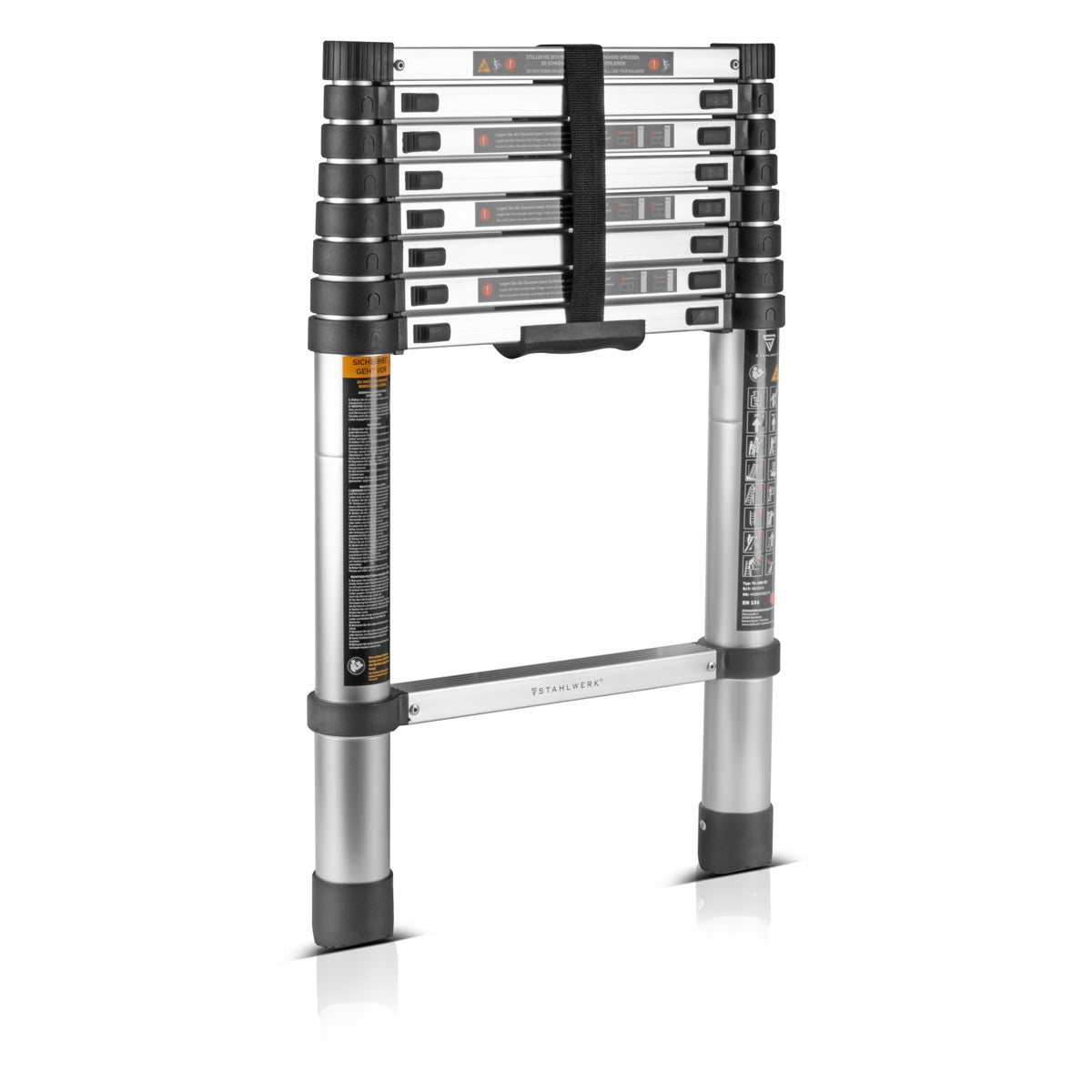 Échelle télescopique STAHLWERK TL-260 ST avec capacité de charge de 150 kg et longueur maximale de 2,60 m, échelle extensible en aluminium | Échelle penchée | Échelle à échelons avec échelons antidérapants avec garantie constructeur de 7 ans