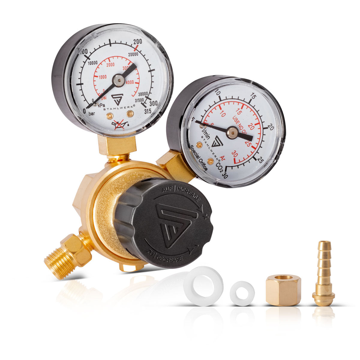 Réducteur de pression STAHLWERK ST-215 selon la norme DIN EN ISO 2503 régulateur de pression jusqu'à 200 bar en laiton de haute qualité pour argon | CO2 | Mélanger 18 | Gaz mixte | Gaz protecteur pour postes à souder TIG et MIG MAG