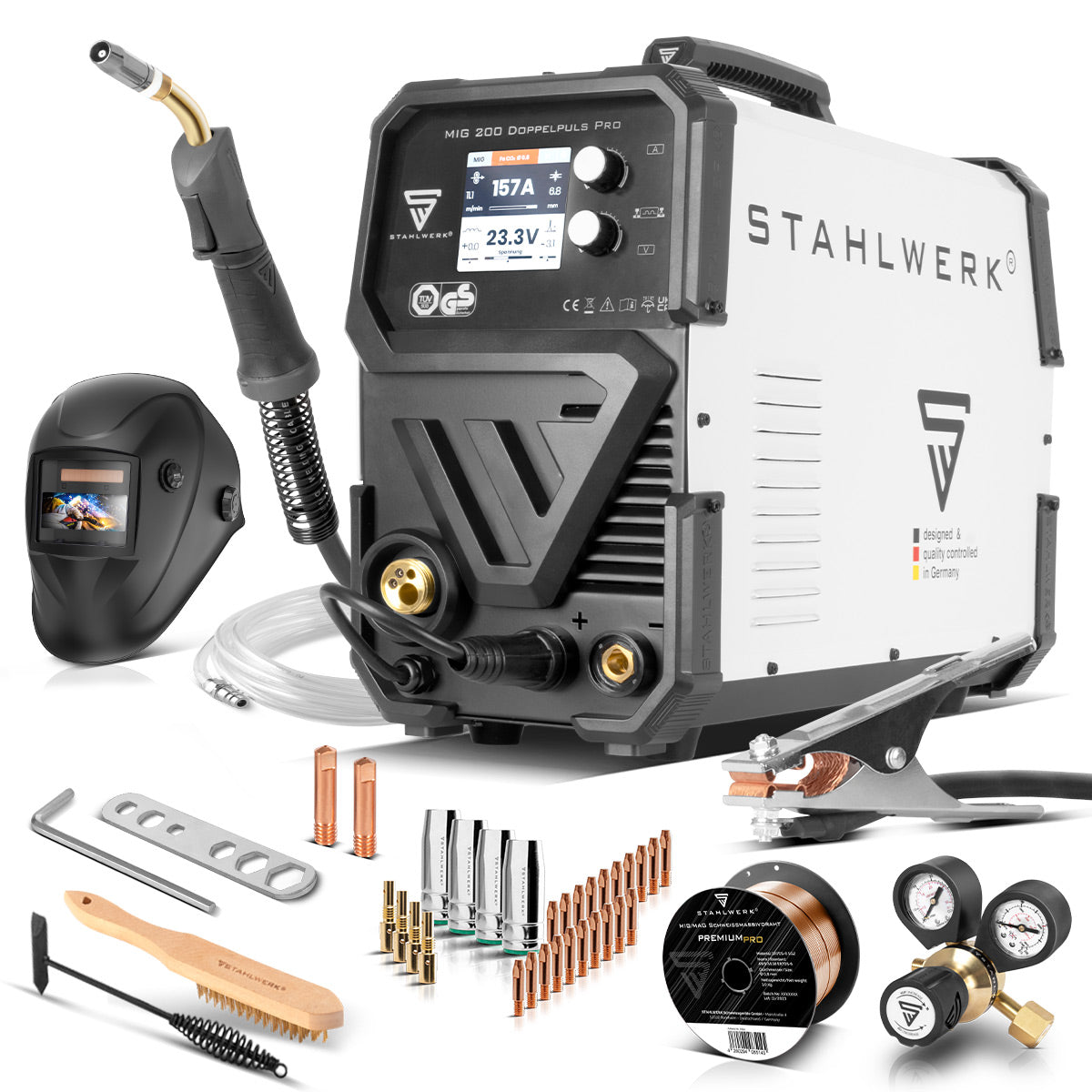 STAHLWERK MIG MAG 200 Doppelpuls Pro Machine à souder entièrement synergique entièrement équipée avec torche de soudage AK25 et jeu de pièces d'usure AK25