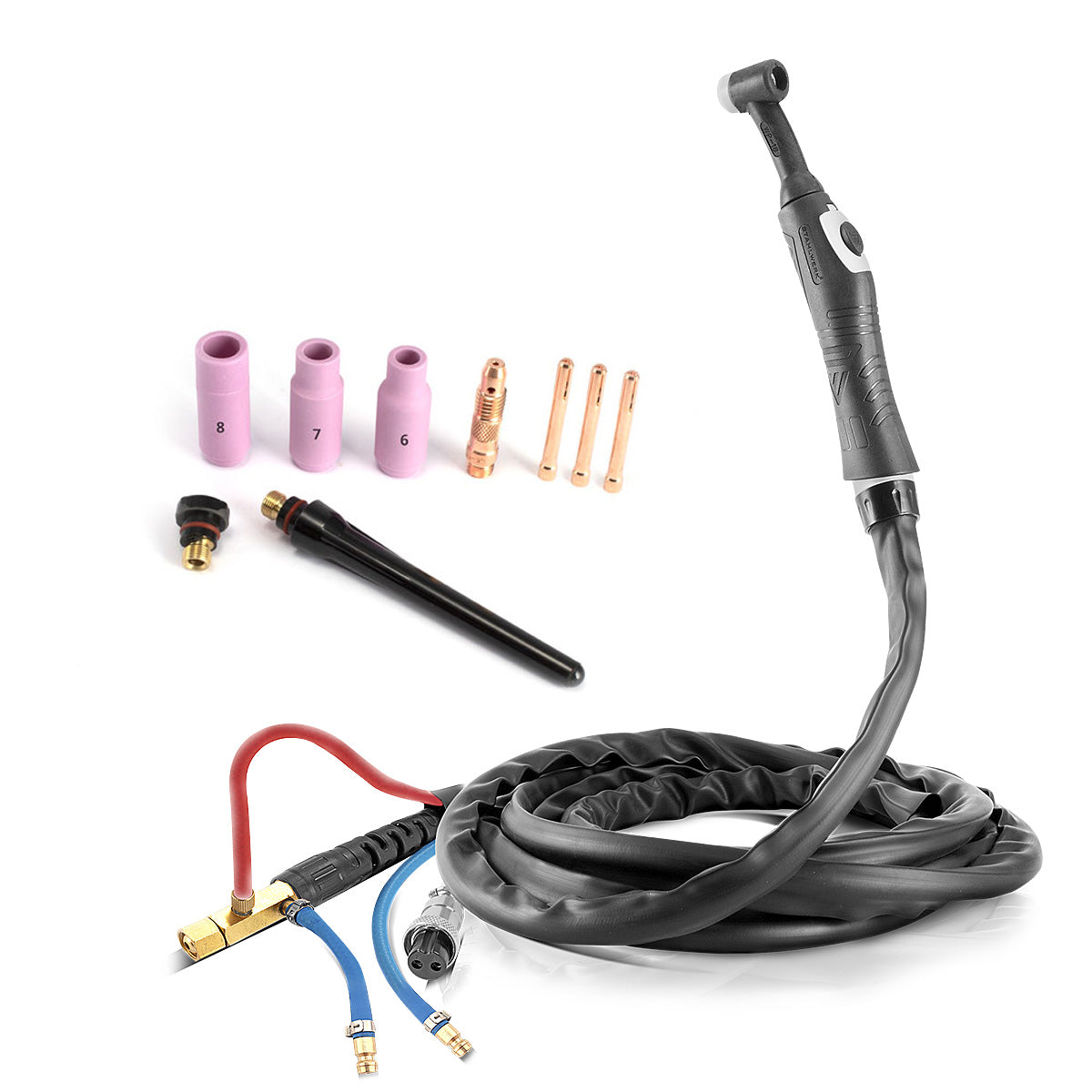 Torcia per saldatura TIG raffreddata ad acqua STAHLWERK WP18 | SR18 fino a 300 A con pacco di tubi per gas inerte da 5 m per saldatrici TIG