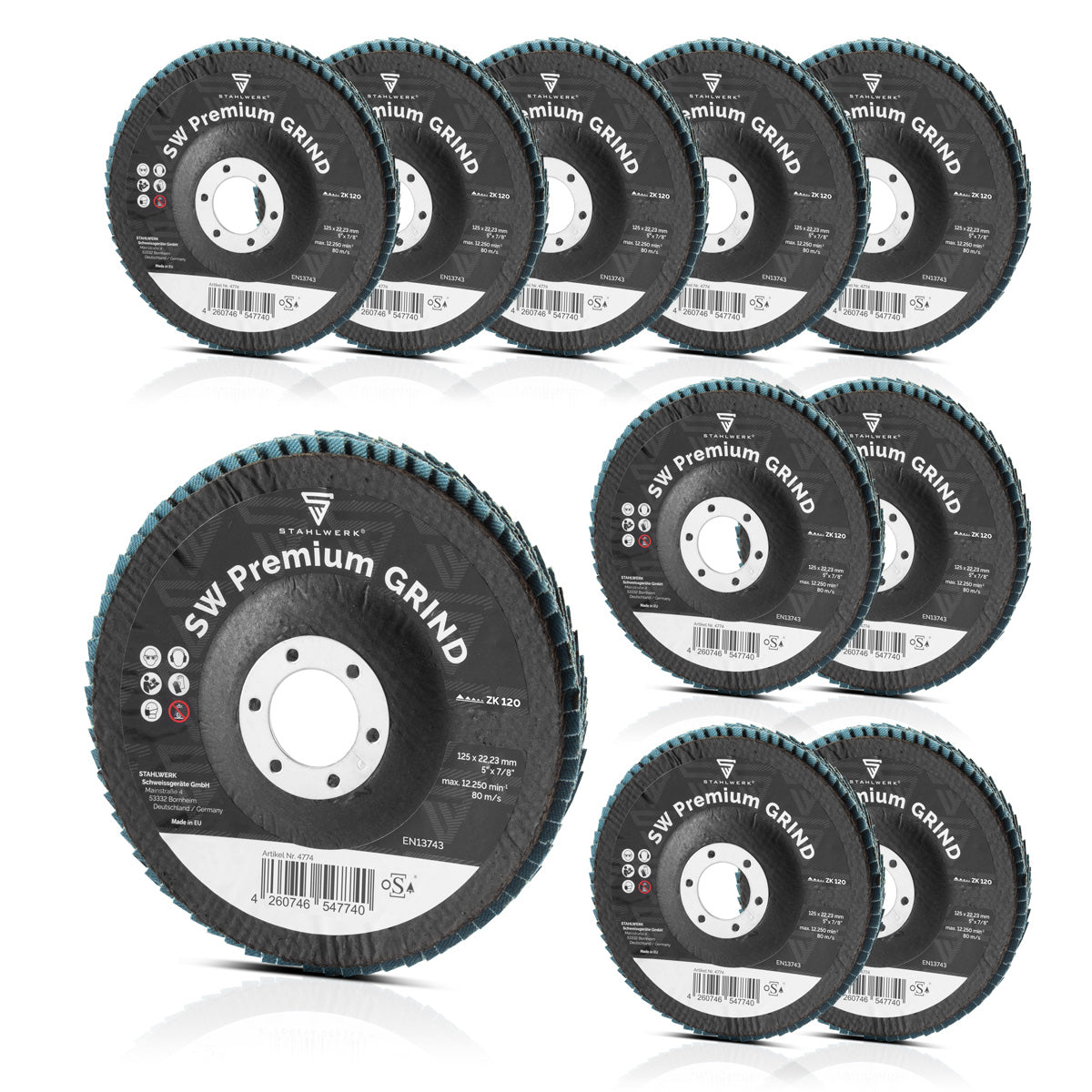 Steel Mill SW Premium Grind P120 10 Set 125 x 22,23 mm | Roues de broyage 5 "x 7/8" | Tranches de fan | Les lamella tranchent pour le broyeur d'angle pour le broyage en acier, en acier inoxydable, en aluminium et en métaux NE