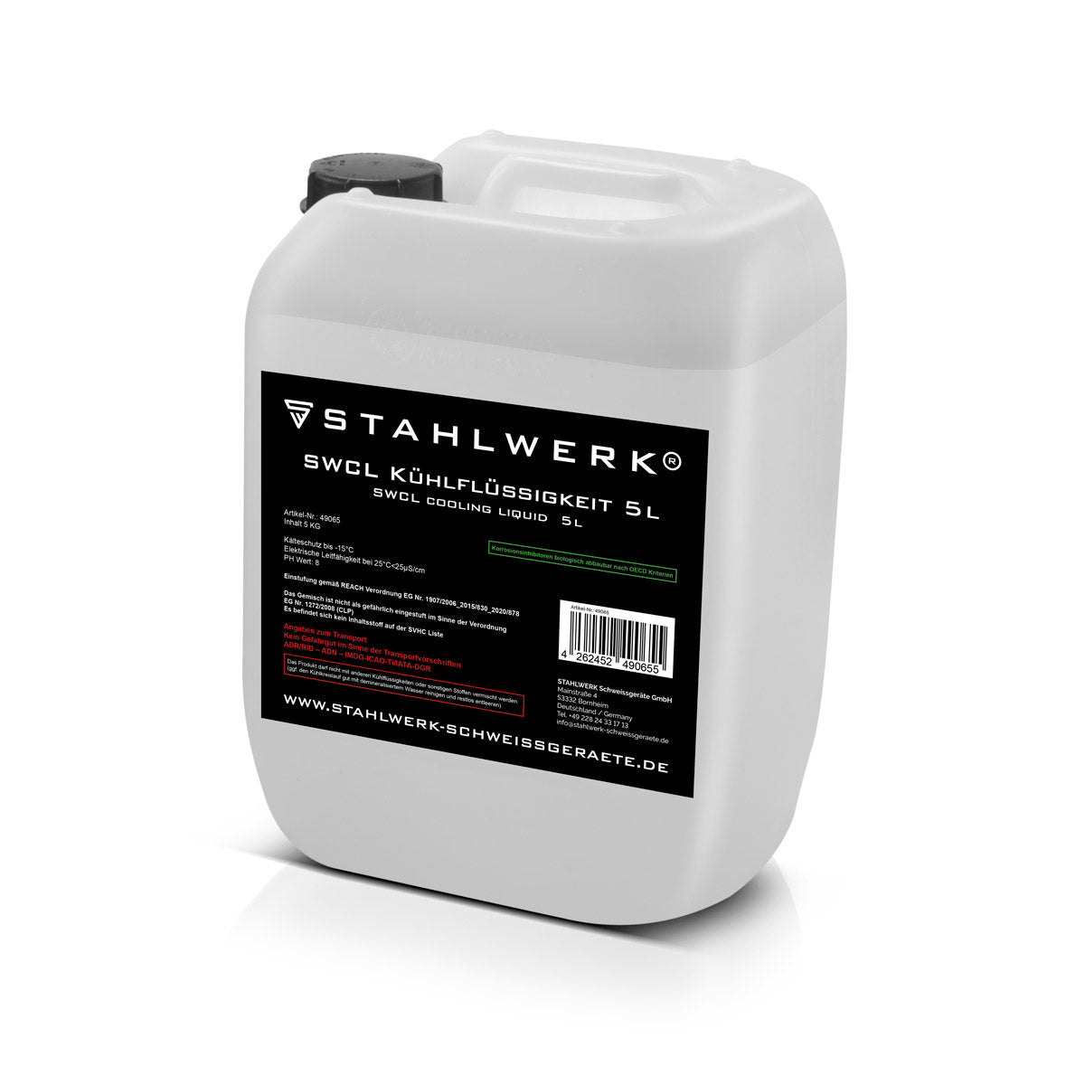 Refrigerante STAHLWERK SWCL Bidón de 5 l 25 µS/cm hasta -15°C Refrigerante | Refrigeración por agua | Agua de refrigeración para enfriadores de agua y paquetes de mangueras refrigeradas por agua de máquinas de soldar y cortadoras de plasma