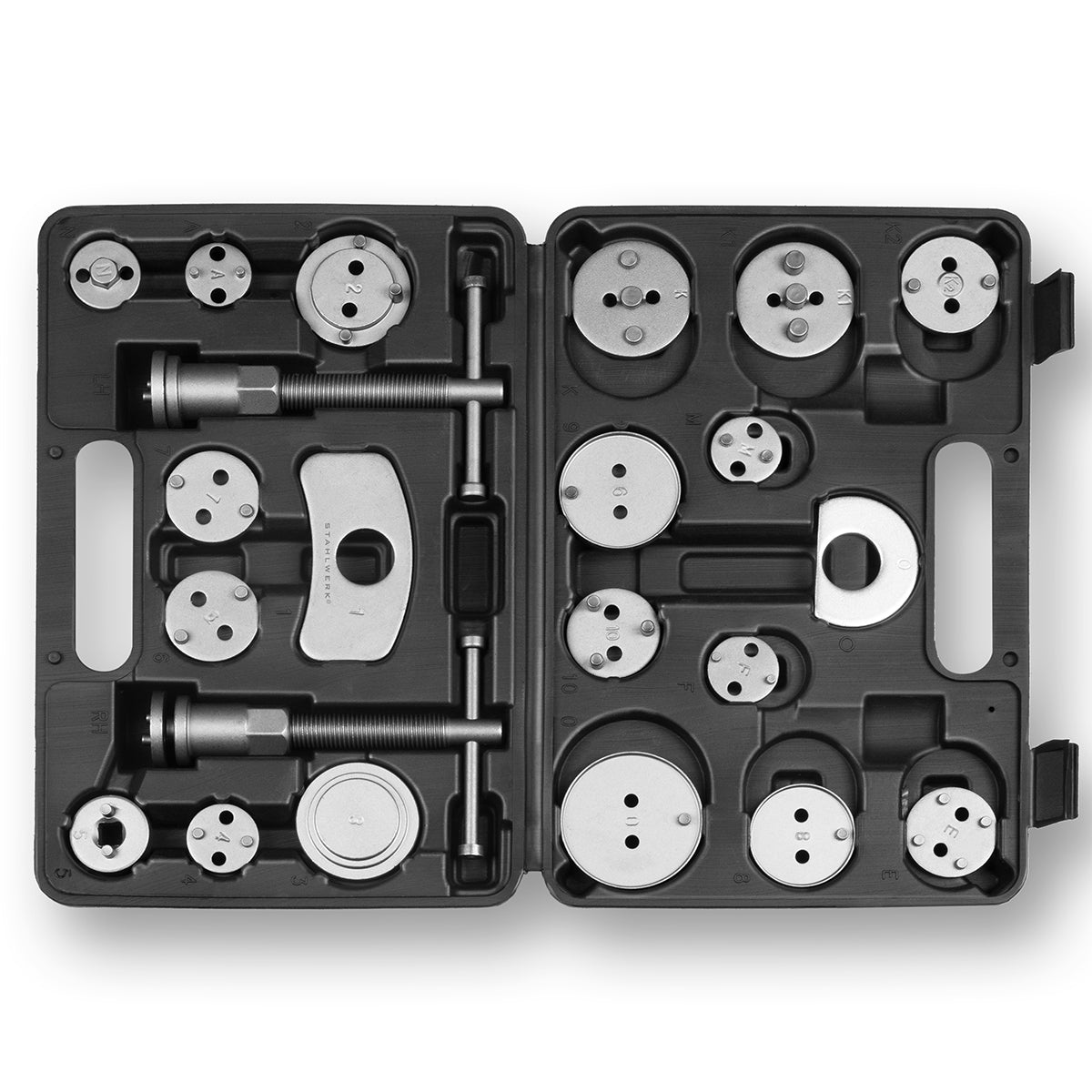 STAHLWERK Kit de réinitialisation du piston de frein 22 pièces Réinitialiseur de piston d'étrier de frein | Réinitialisation des freins | Réinitialisation du piston | Jeu d'outils de réinitialisation pour pistons d'étrier de frein automobile