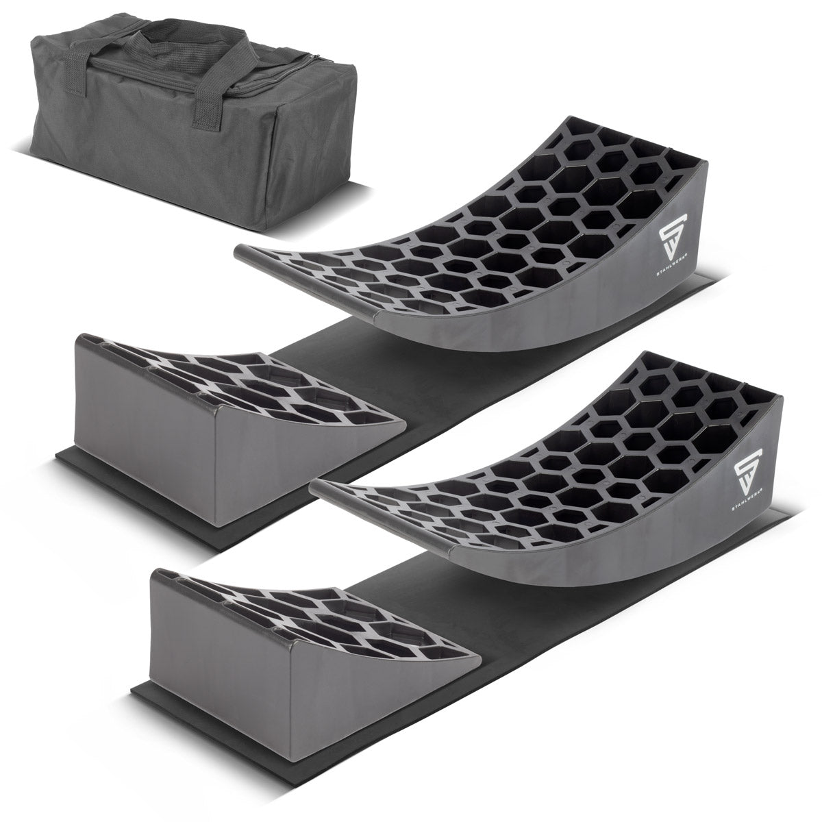 Cuñas de calce STAHLWERK GT-17 ST juego de 2 calzos para ruedas con carga por eje de hasta 15,8 t | Cuña escalonada | Cuña compensadora | Cuña redonda para autocaravanas, campers, autocaravanas, caravanas o caravanas