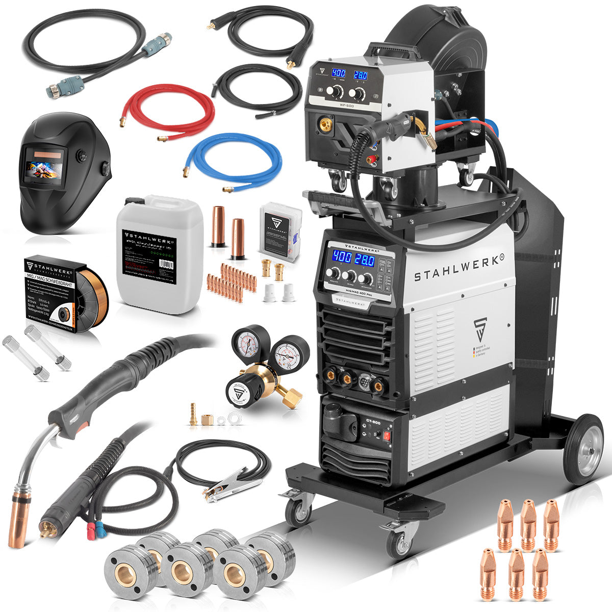 STAHLWERK welding machine MIG MAG 400 Pro fully equipped fully synergic, water-cooled IGBT inverter with 400 A and pulse function 3-in-1 combination welding system MIG MAG | MMA | Lift TIG