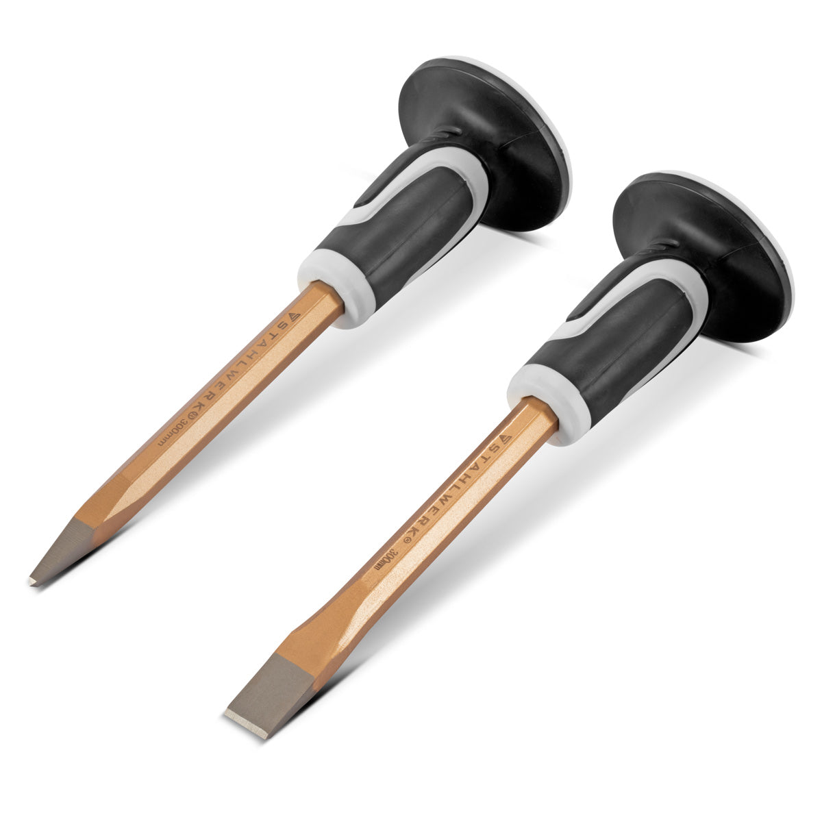 Scalpello piatto STAHLWERK | Set di 2 scalpelli a punta dorati a mano da 300 mm in acciaio temprato per la cesellatura professionale di metallo, pietra, legno, cemento, piastrelle e plastica