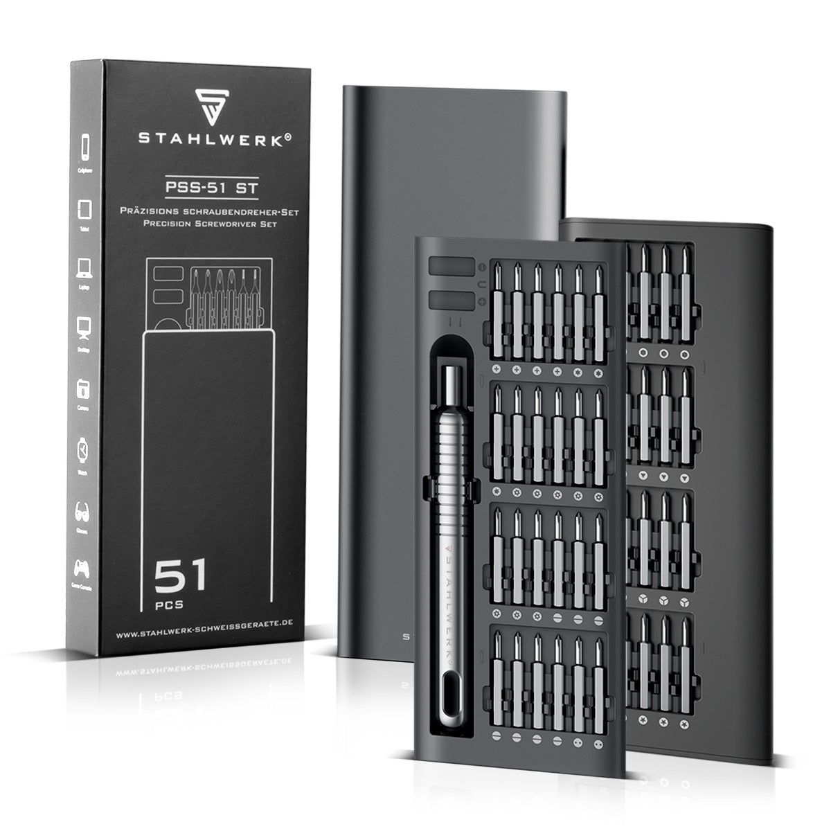 Set cacciaviti di precisione STAHLWERK PSS-51 ST Set meccanica di precisione da 51 pezzi | Strumento eccellente | Cacciavite sottile | Cacciavite fine con set di punte in cromo vanadio