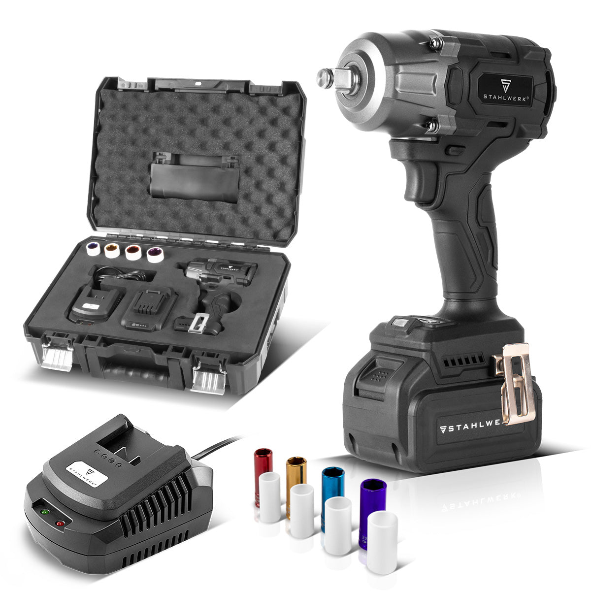 STAHLWERK Akku-Drehschlagschrauber ADS-880 ST | 20 Volt-System | Brushless-Technologie | Akku-Schlagschrauber mit 880 Nm | ½“ Zoll Aufnahme | Inklusive 4 Schonnüsse 17-22 mm | Akku und Ladegerät