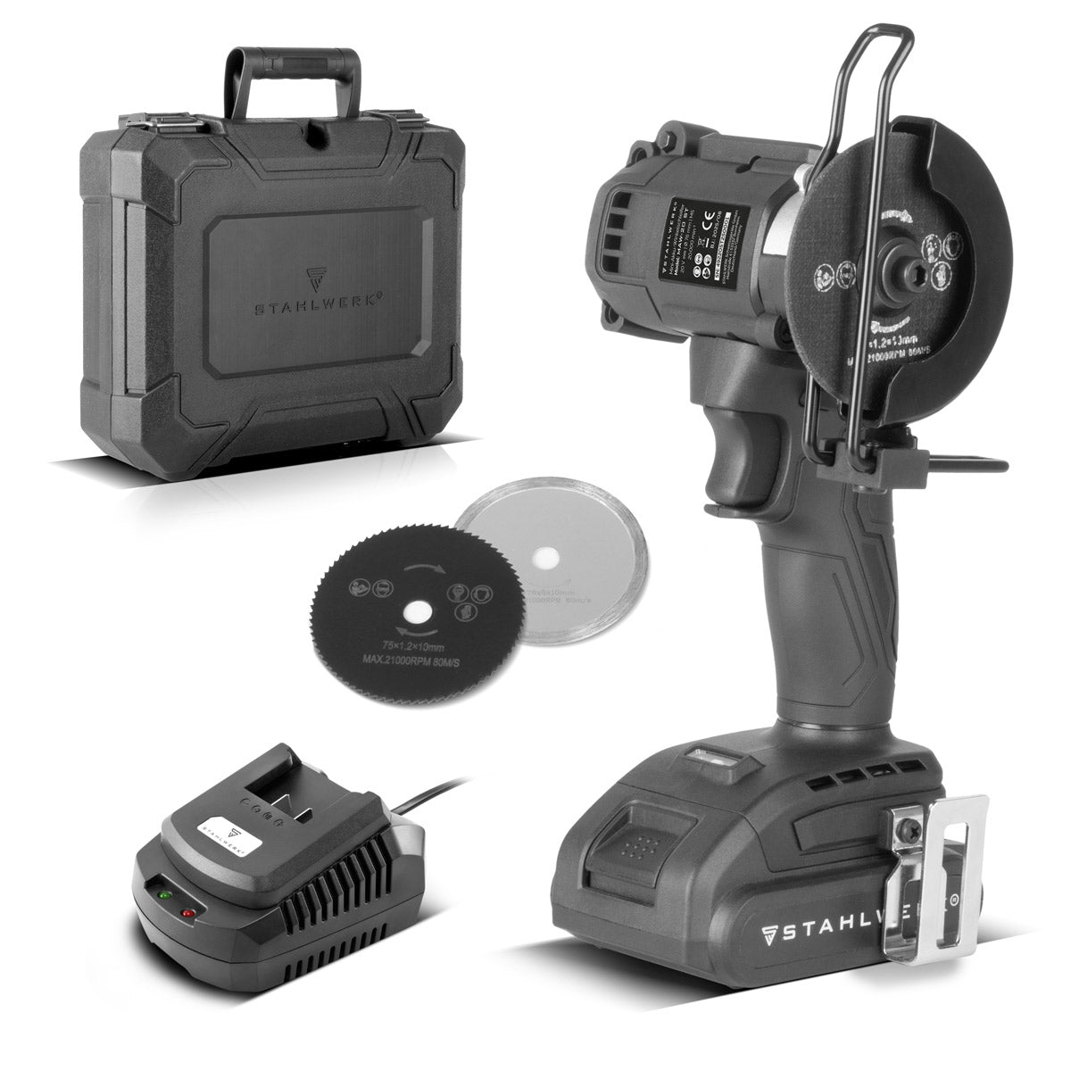 Mini amoladora angular inalámbrica STAHLWERK MAW-20 ST con batería de 2000 mAh | Amoladora angular manual para cortar metal, azulejos y madera | Minisierra eléctrica con tecnología sin escobillas.