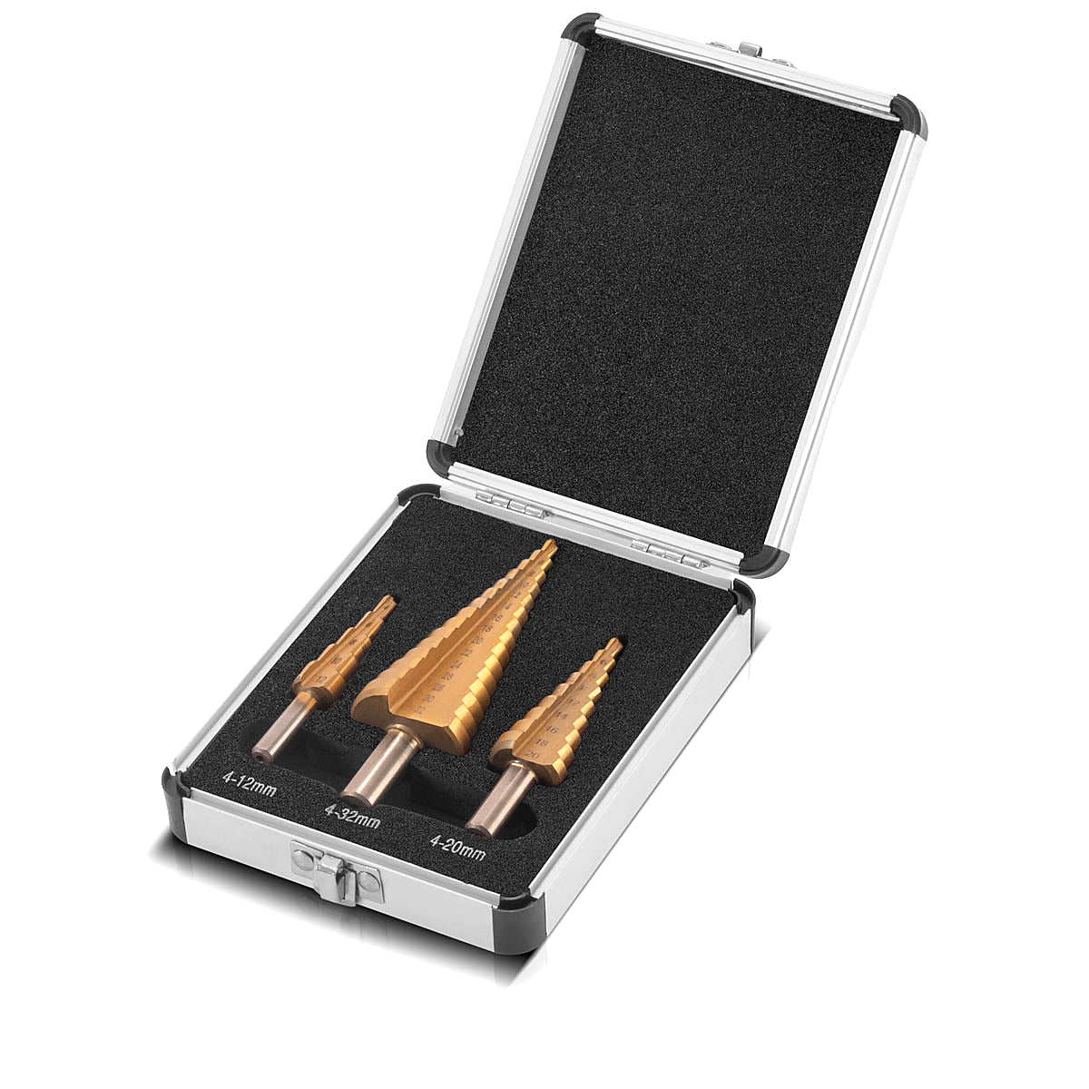 STAHLWERK HSS Stufenbohrer 3er Set TiN-Beschichtung 4-12 | 4-20 | 4-32 mm titanbeschichtete Metallbohrer | Kegelbohrer | Senkbohrer | Schälbohrer | Konus-Bohrer | Bohrer-Satz mit Aluminium-Box