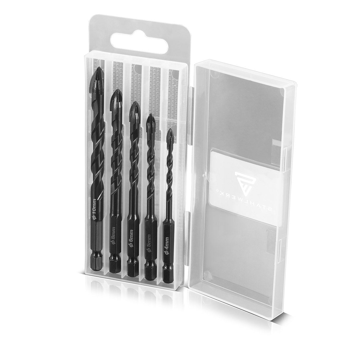 Foret à verre STAHLWERK | Perceuse à carrelage | Jeu de 5 forets à céramique 4 | 5 | 6 | 8 | 10 mm avec support hexagonal 1/4" pour percer des trous dans le verre, le carrelage, la céramique, la porcelaine, la brique de clinker, le grès fin, le marbre.