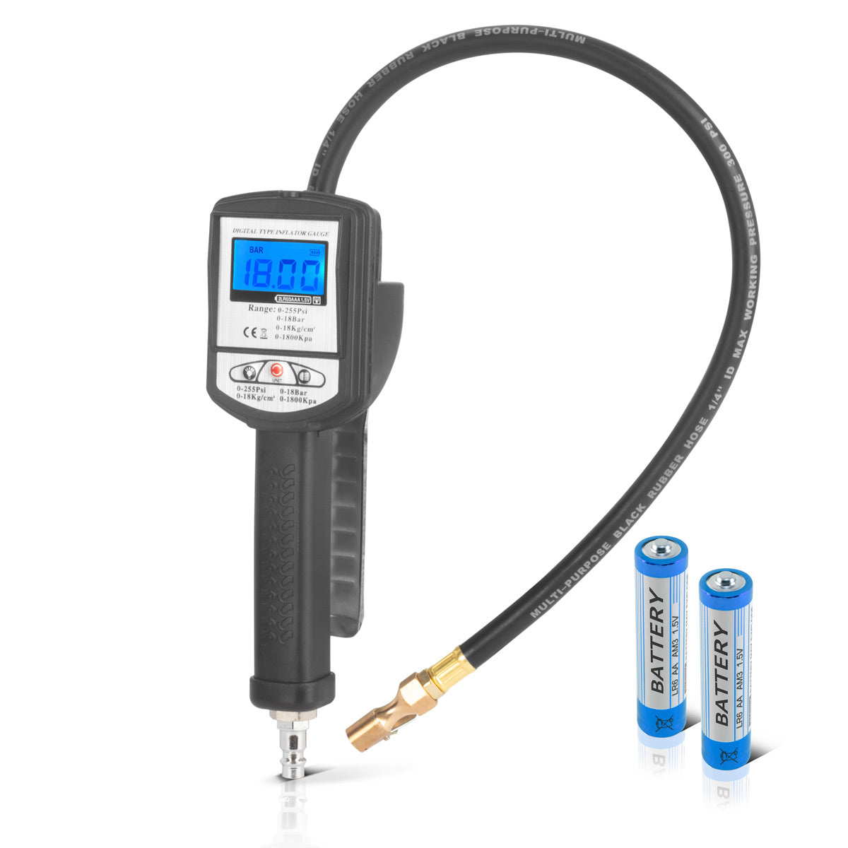 Pistola per gonfiaggio pneumatici digitale STAHLWERK DRP-18 ST | Gonfiatore per pneumatici ad aria compressa con manometro digitale | Manometro digitale per pneumatici per auto, camion, moto, biciclette | Campo di misura 0-18 Bar / 0-255 PSI