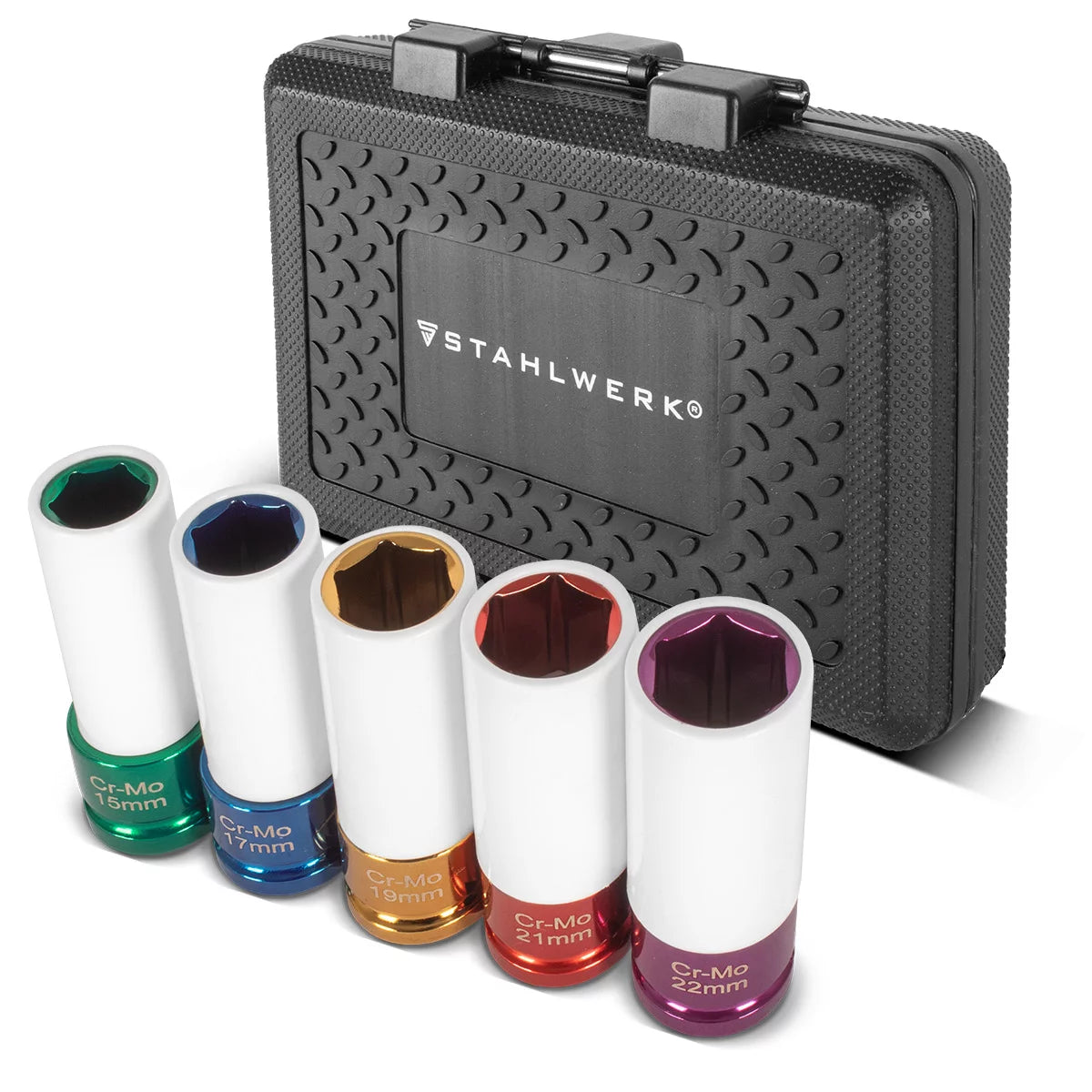 Jeu de douilles pour clés à chocs STAHLWERK, entraînement 1/2" | 5 douilles de protection 15, 17, 19, 21, 22 mm | Pour un changement facile des roues | Douilles Cr-Mo pour jantes en aluminium | Avec protection de jante | Profil 6 points | Code couleur