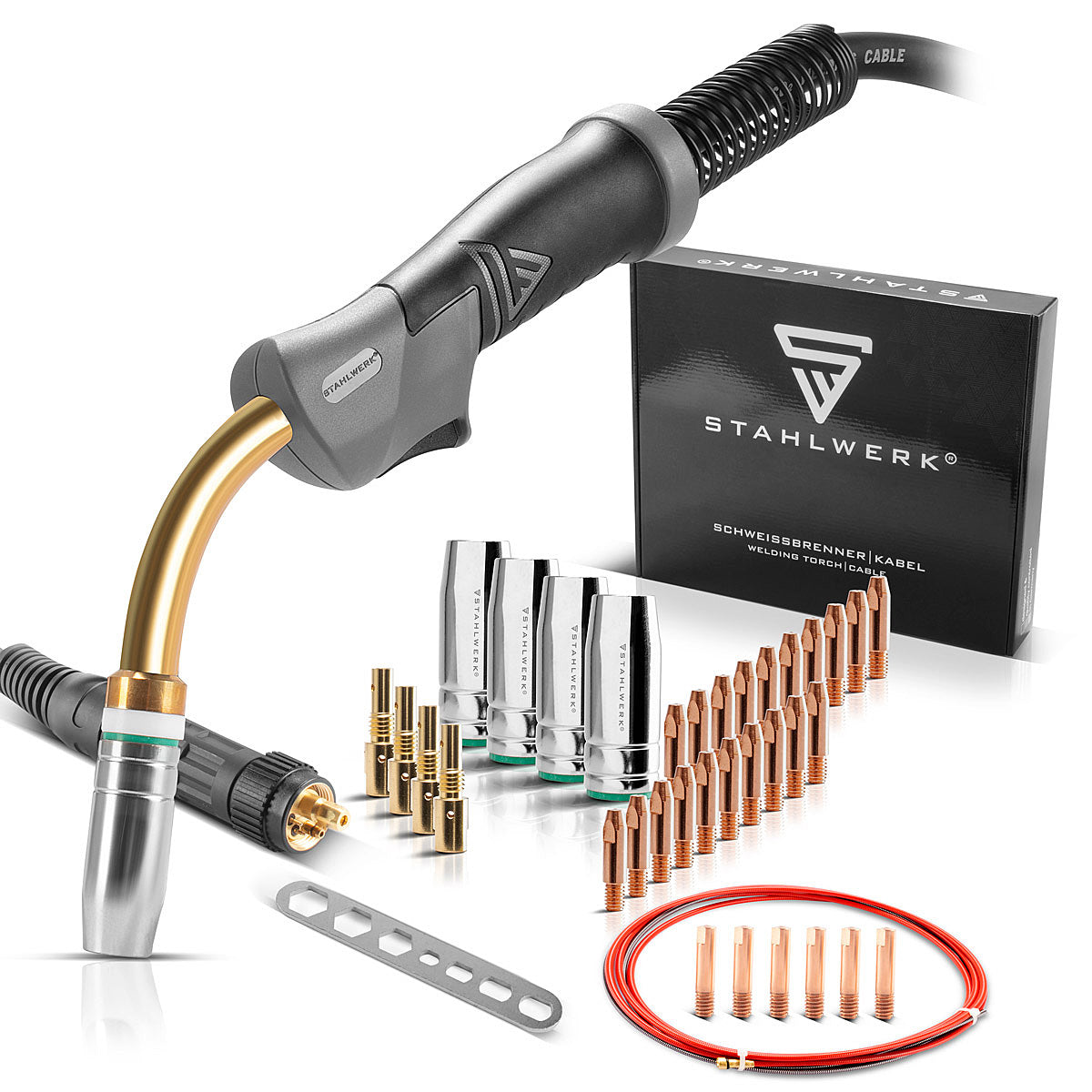Set in alluminio STAHLWERK MIG MAG per torcia di saldatura AK25/MB25 e pacchetto tubi flessibili con set di parti soggette ad usura da 28 pezzi per la saldatura dell'alluminio