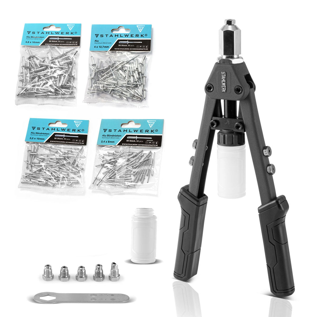 STAHLWERK HNZ-130 ST Pince à rivets à levier professionnelle robuste et pince à mandrin / pince à rivets aveugles en acier au chrome-molybdène nickelé - jeu de 8 pièces comprenant 200 rivets et 5 inserts interchangeables