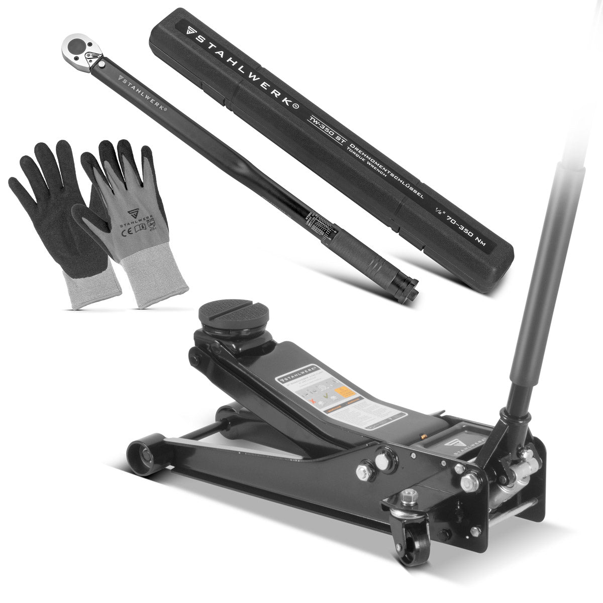 Set básico para cambio de neumáticos STAHLWERK con gato de maniobra extraplano de 3 t con rango de elevación de 75-510 mm, llave dinamométrica de 70-350 Nm y guantes de trabajo para cambiar neumáticos de vehículos