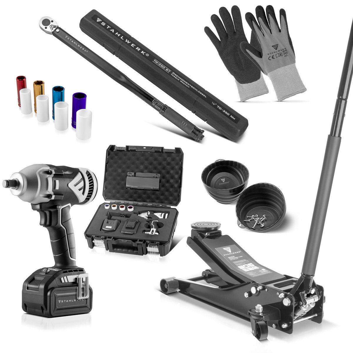 Set cambio pneumatici STAHLWERK Pro composto da martinetto di manovra extra piatto, avvitatore rotante, chiave dinamometrica, vassoio magnetico e guanti da lavoro