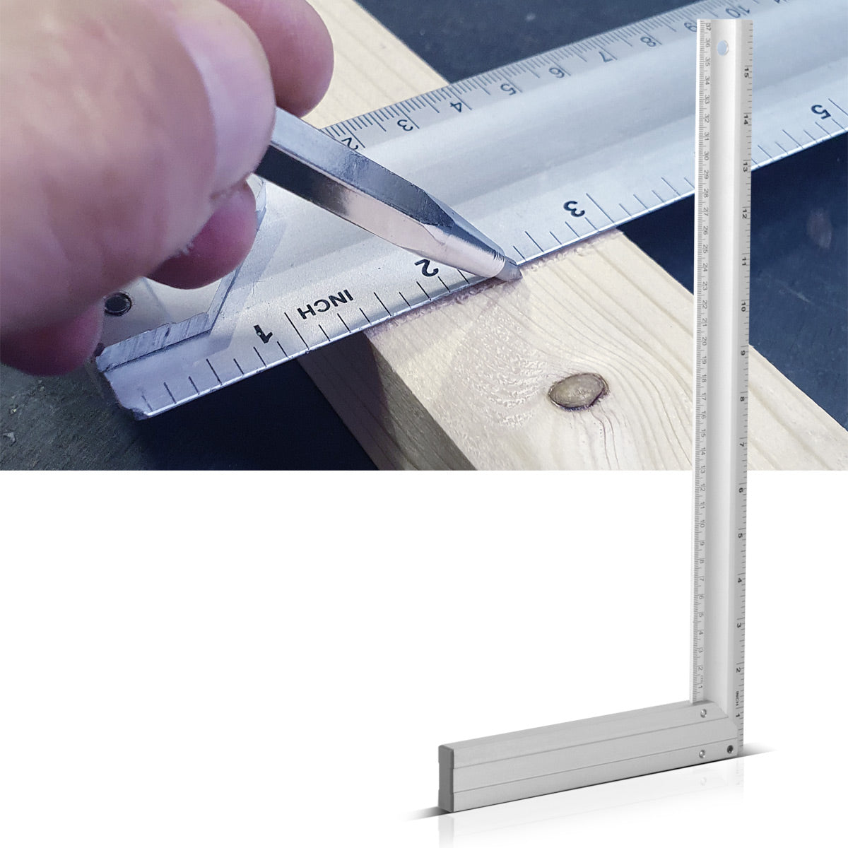 Escuadra de tope de aluminio STAHLWERK, escuadra de carpintero con ángulo de medición de 400 mm, con remachado en cm y pulgadas