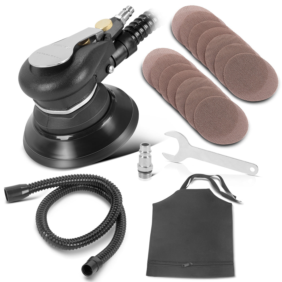 STAHLWERK Druckluft Exzenterschleifer DES-125 ST mit 14er Set Gitternetz-Klett-Schleifscheiben P60-P320 Druckluftschleifer mit 125 mm Schleifteller | Poliermaschine mit Absaugsystem und Staubsack